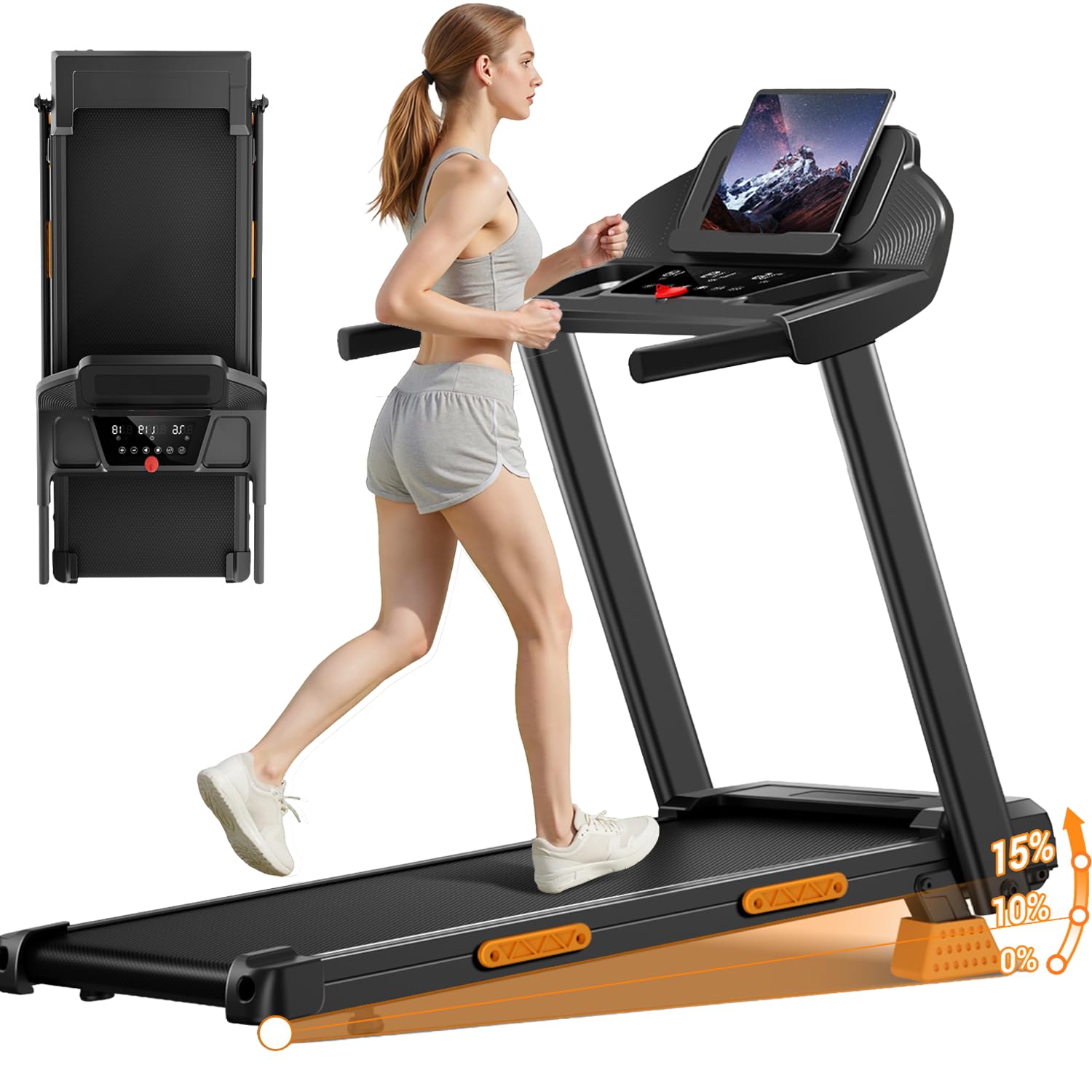 UMAY Tapis de Course Pliable Inclinable 15%, 12KM/H Tapis de Marche Inclinable, Treadmill Home avec Moteur 3,0 CV