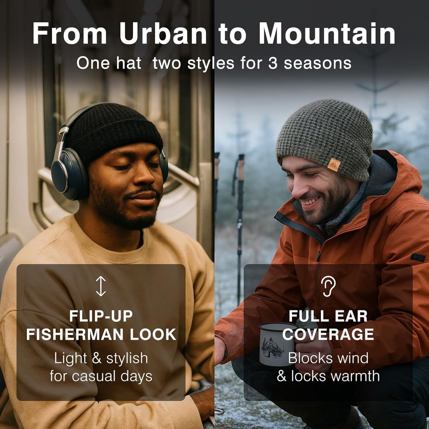 PolarWool™ L/XL/XXL Merino Wool Waffle Fisherman Beanie Watch Cap Dual-Layer 2 Styles Warm Winter Knit Hat for Men Women - Image 3