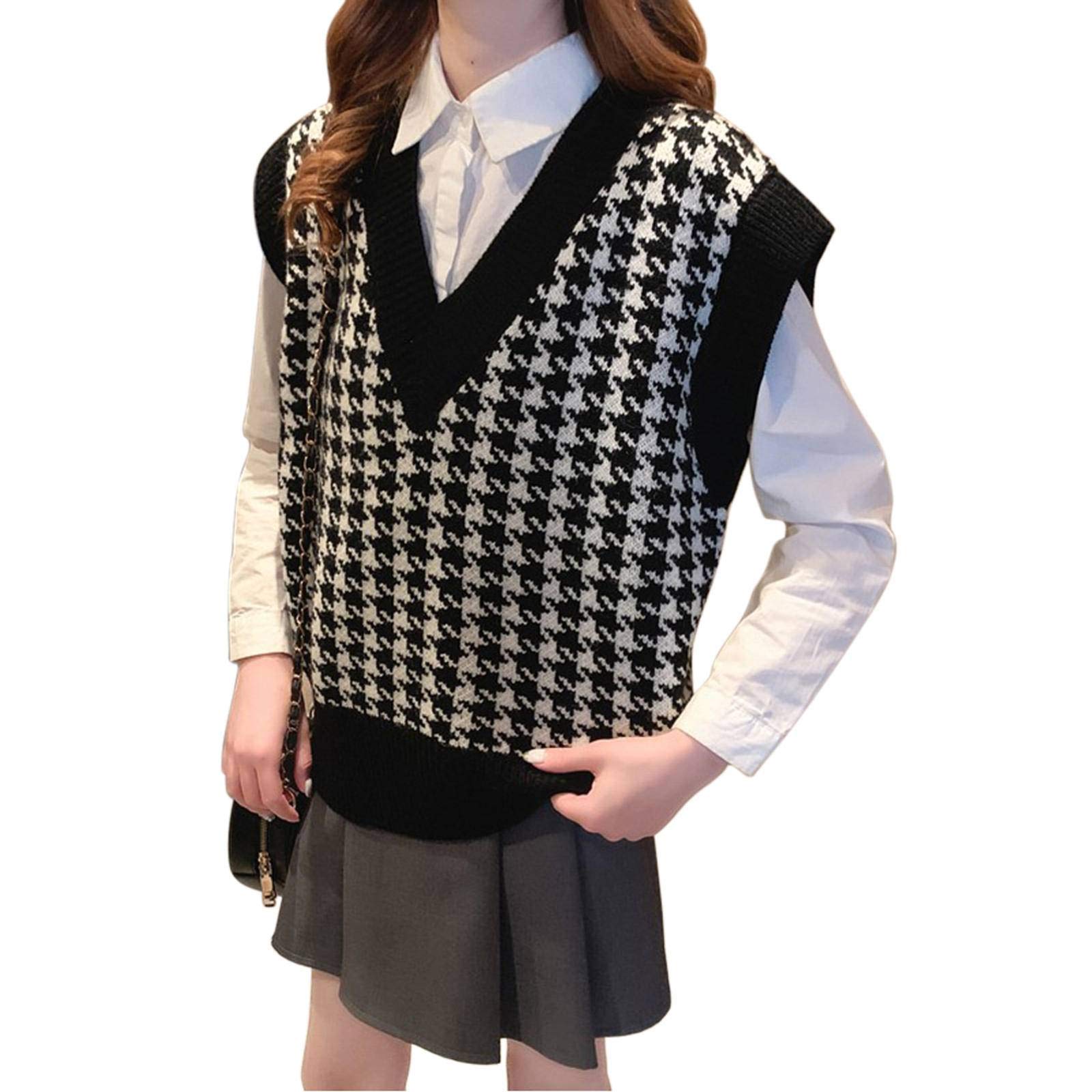 Amazon.co.jp: ニットベスト レディース 千鳥格子 Vネック ゆったり 