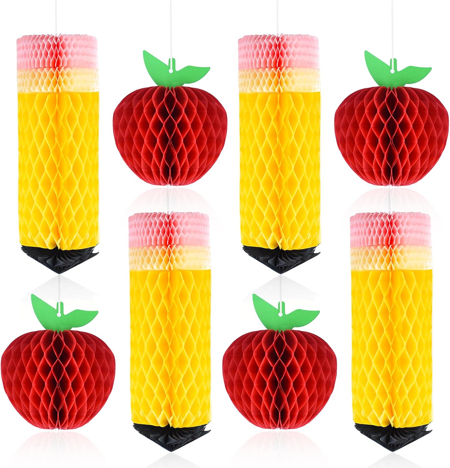 12 Pcs Welcome Back to School Hanging Decorations Pencil Hanging Honeycomb Back to School Classroom Decorations Tissue Paper Apple Honeycomb Centerpieces Ceiling Decor for First Day of School Party