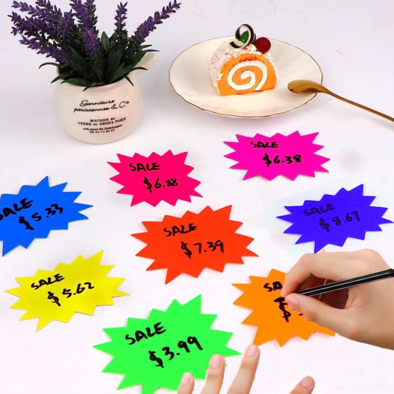 Lot de 300 panneaux fluorescents Starburst - Étiquettes de prix attrayantes pour les magasins de détail, les ventes de garage, les prix de magasin durables, 6 couleurs, 9 x 7 cm