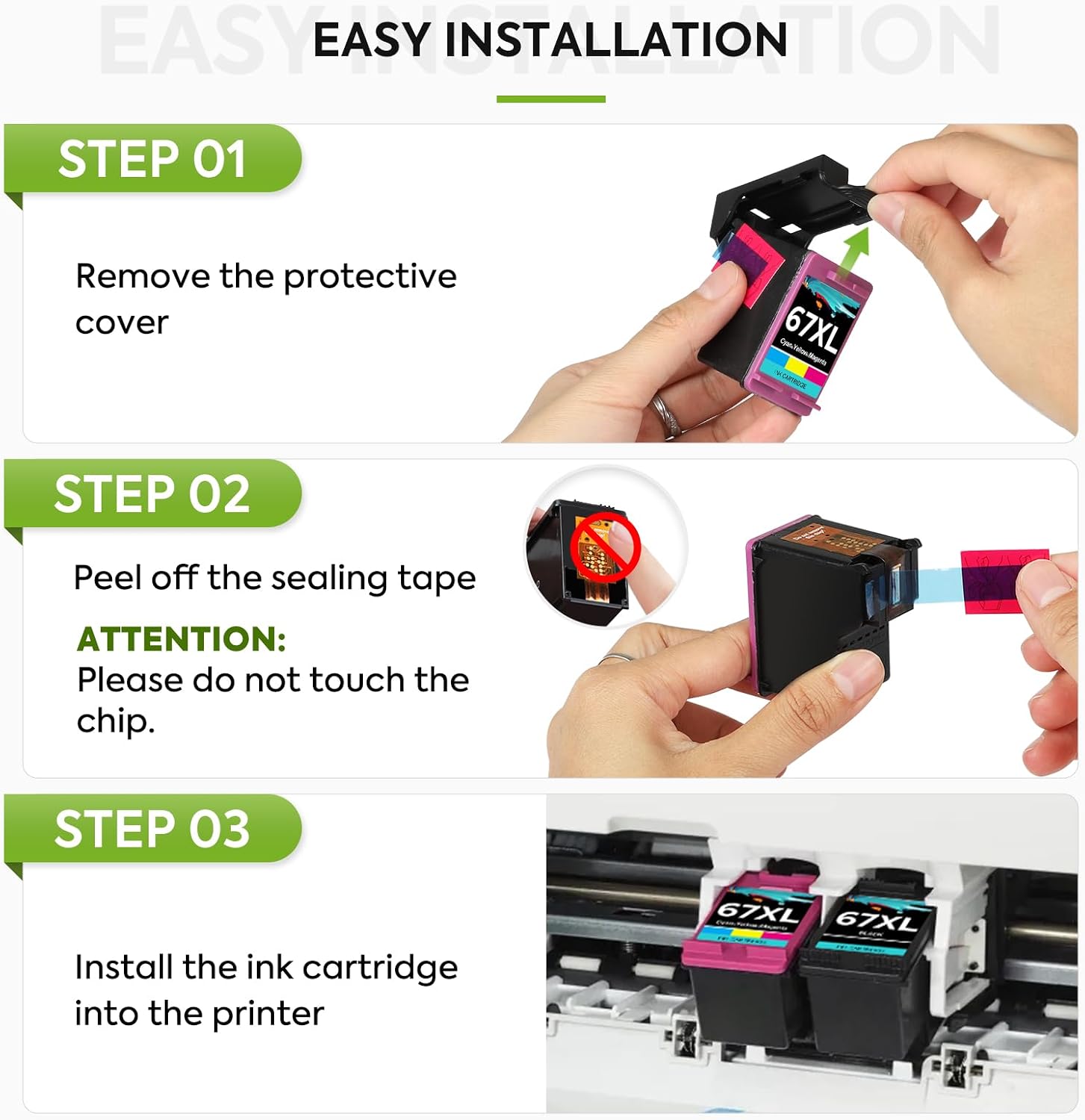 67XL Black/Color Remanufactured Ink Cartridge Replacement for HP Ink 67 67XL Printer Ink use for DeskJet 2700 2700e 2755e 2855e 2800 4155e 4255e 4100 Envy 6400 6055 6055e 6455e Printer 3-Pack
