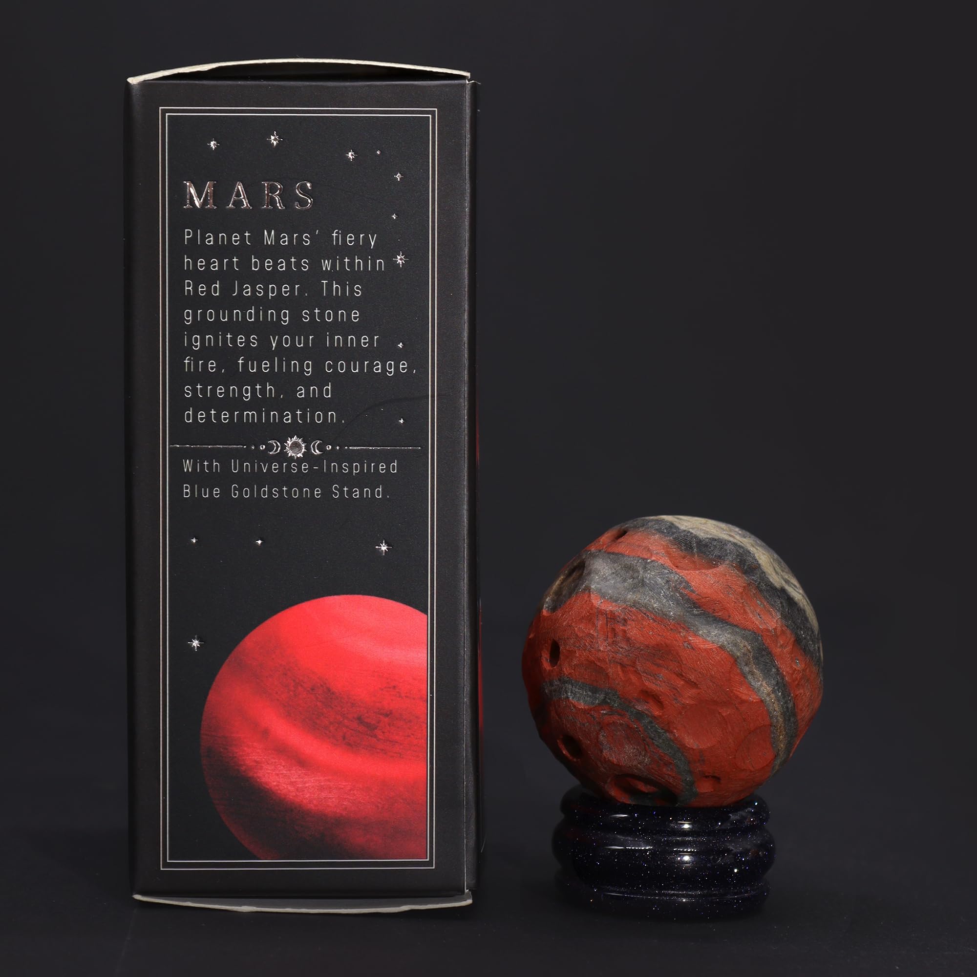 Ancient Wisdom MARS GEMSTONE PLANET Red Jasper Sphere (40mm) with Solar Goldstone Stand – Stone of Strength, Passion, and Victory – Ideal Crystal Decor or Meditation Stone