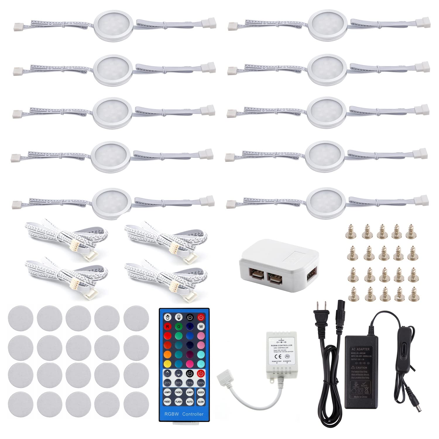 AIBOO 24V Under Counter LED Light Kit, RGB+White Under Cabinet Lighting,10  Packs Colored Puck Lights with Wireless 40-Key RF Dimmable Remote Control  (RGBW, 10 Lights) - - Amazon.com