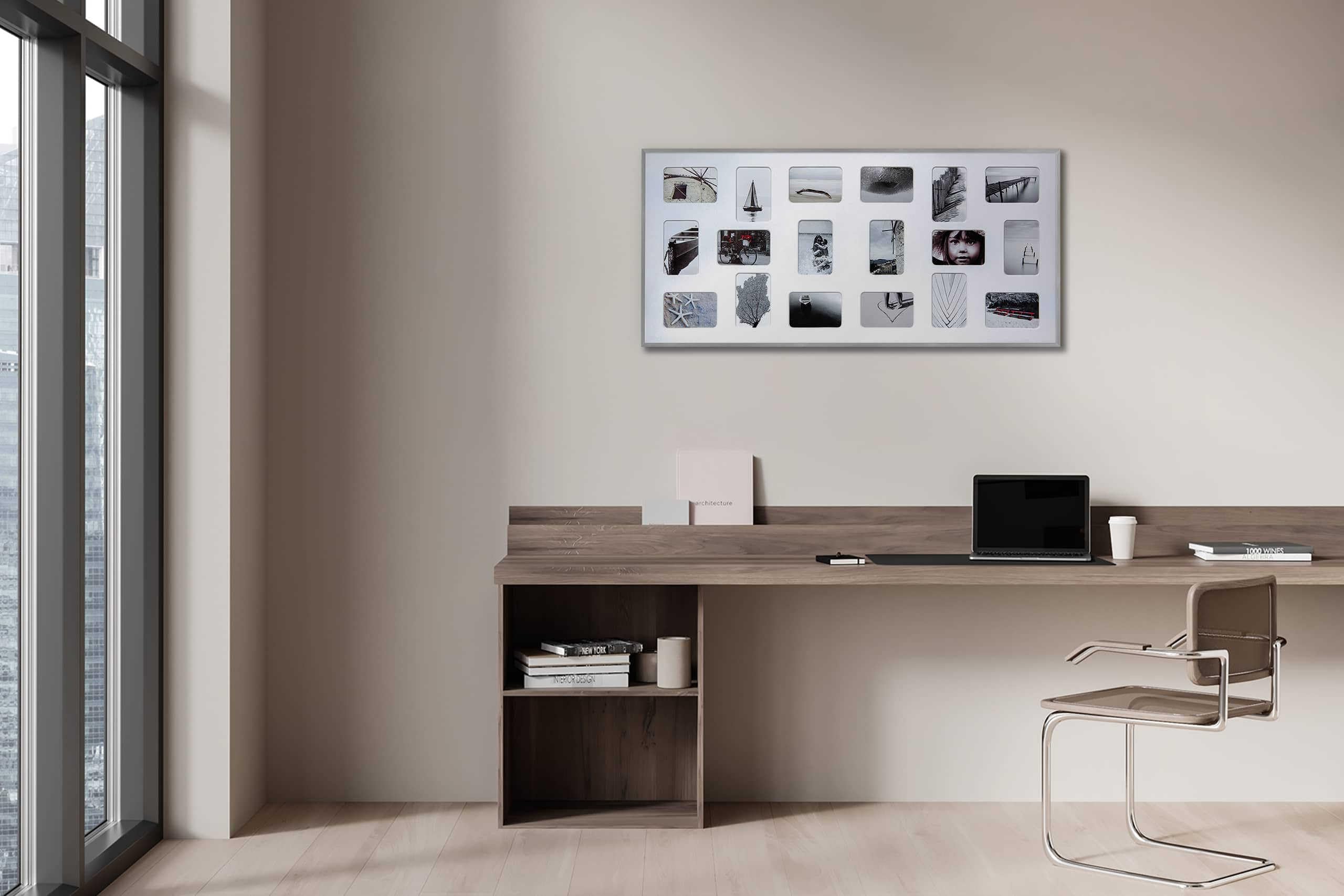 DEHA Design Collagerahmen mit Passepartout, 109,2 x 49,5 cm, Aluminium, Schwarz matt, Collage mit 18 Bildern zum Aufhängen im Hoch- & Querformat, bruchsicheres Kunstglas, Tribeca