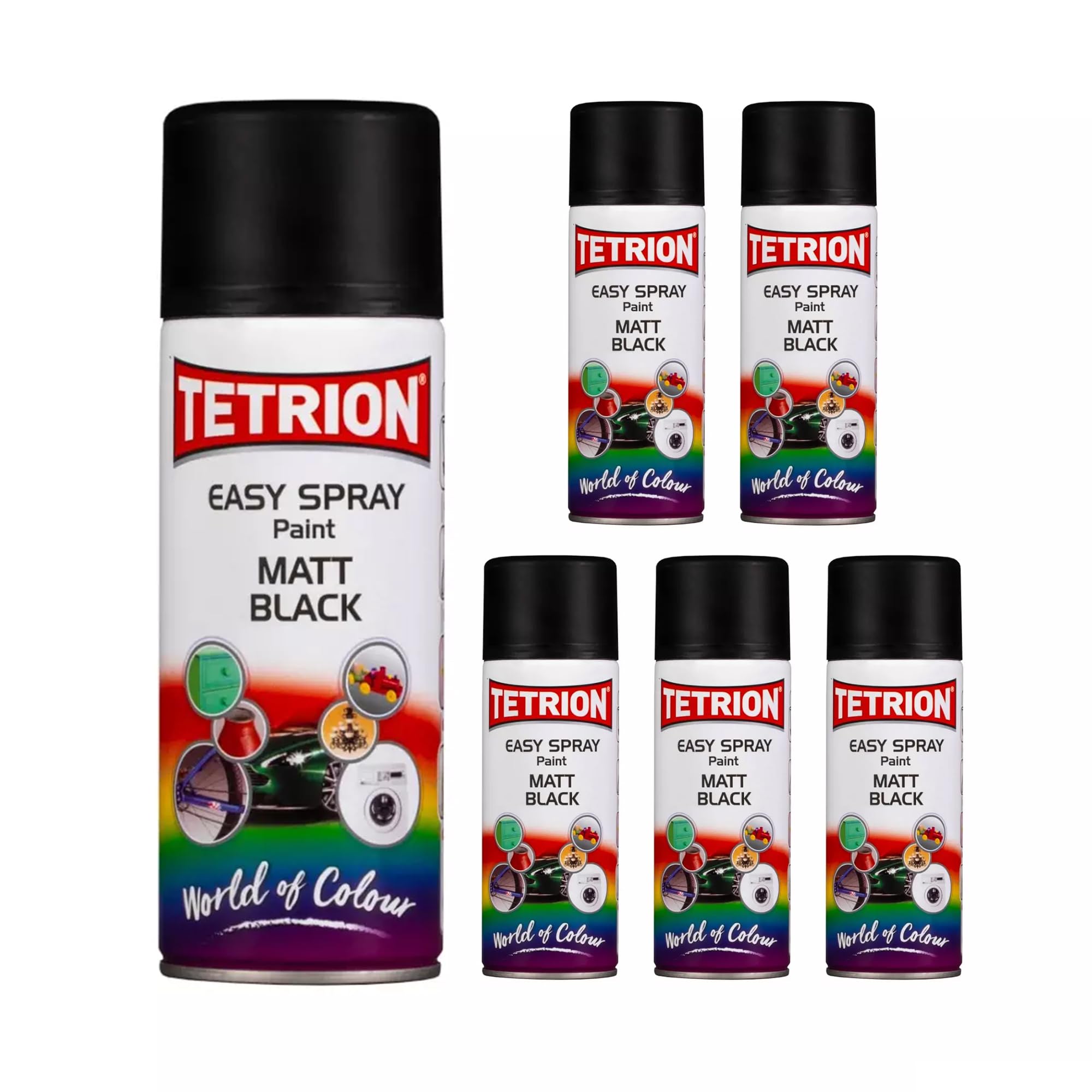 Tetrion Easy Spray Paint - Matt Black 400ml (Pack of 6) - All-Purpose Fast Drying Acrylic Spray for Wood, Metal, Plastic, Ceramic &amp; More, Smooth Base Coat - Indoor &amp; Outdoor Use, 13.5 Oz