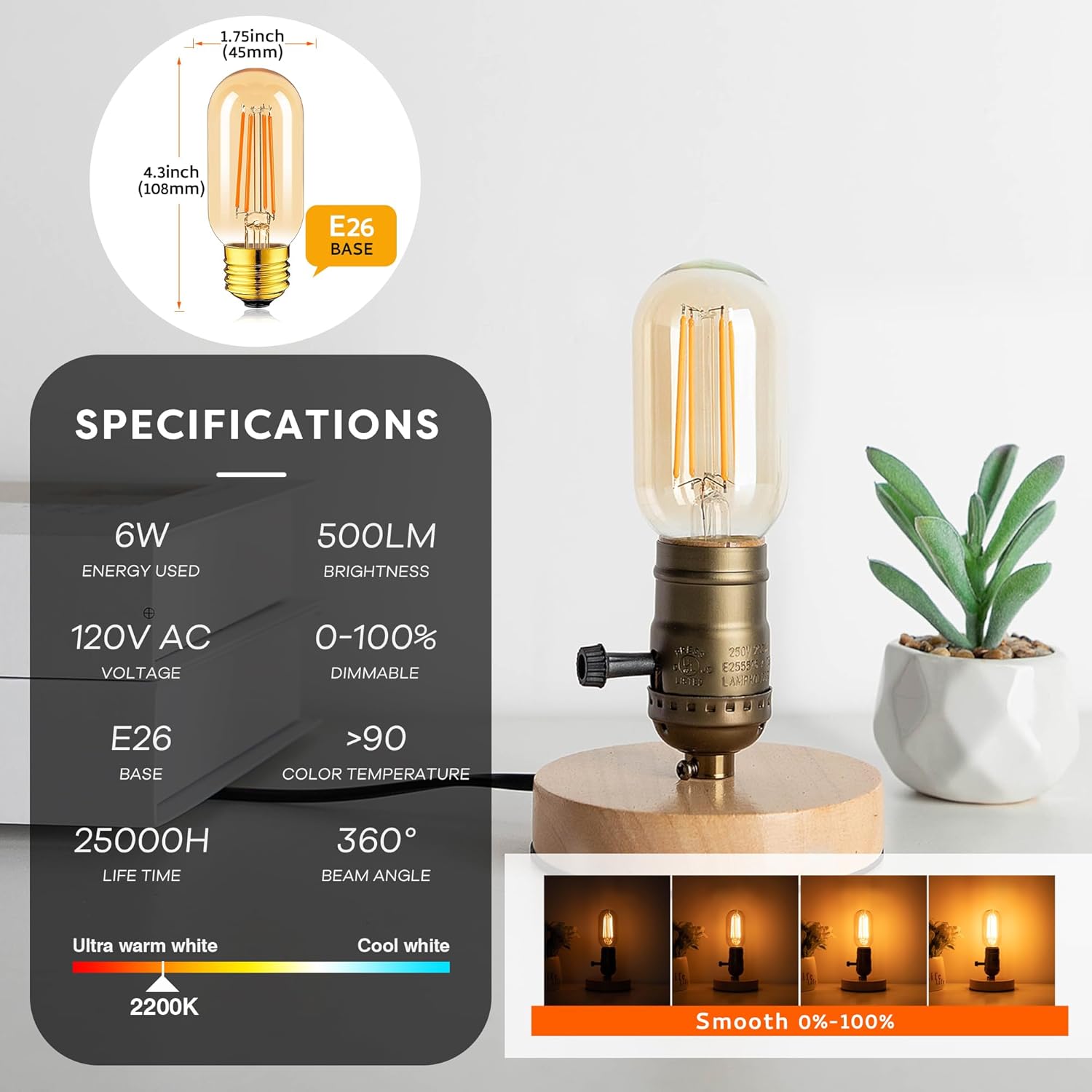 Amber Light Bulb,Dimmable Tubular led Bulb, T45 Edison LED Bulbs, 60W Equivalent, 6W 500lm, 2200K Warm White, LED Filament Bulbs with 80+ CRI, Pack of 2