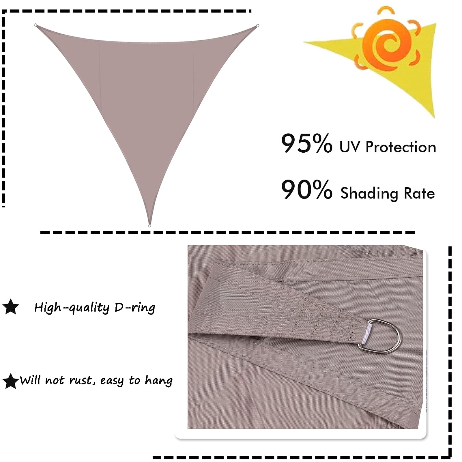 LYGBAOFUL Vela Parasole Triangolare per Posto Auto Coperto per Piscina, Patio, Giardino Esterno - Tessuto Impermeabile con Protezione UV (Khaki 13x13x13 ft)