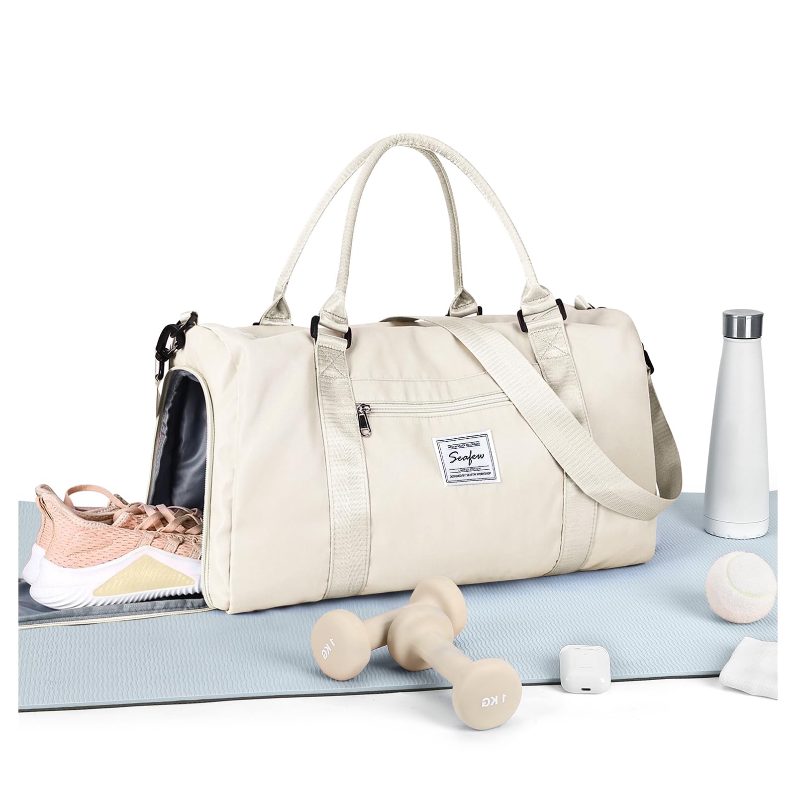 HYC00 Gym Bag Women Men with Shoes Compartment & Wet Pocket,for Easyjet Airlines Cabin Bag 45x36x20 Underseat Travel Duffel Bag Holdall Tote Carry on Luggage Overnight Bag Carry on Bag,Milky White