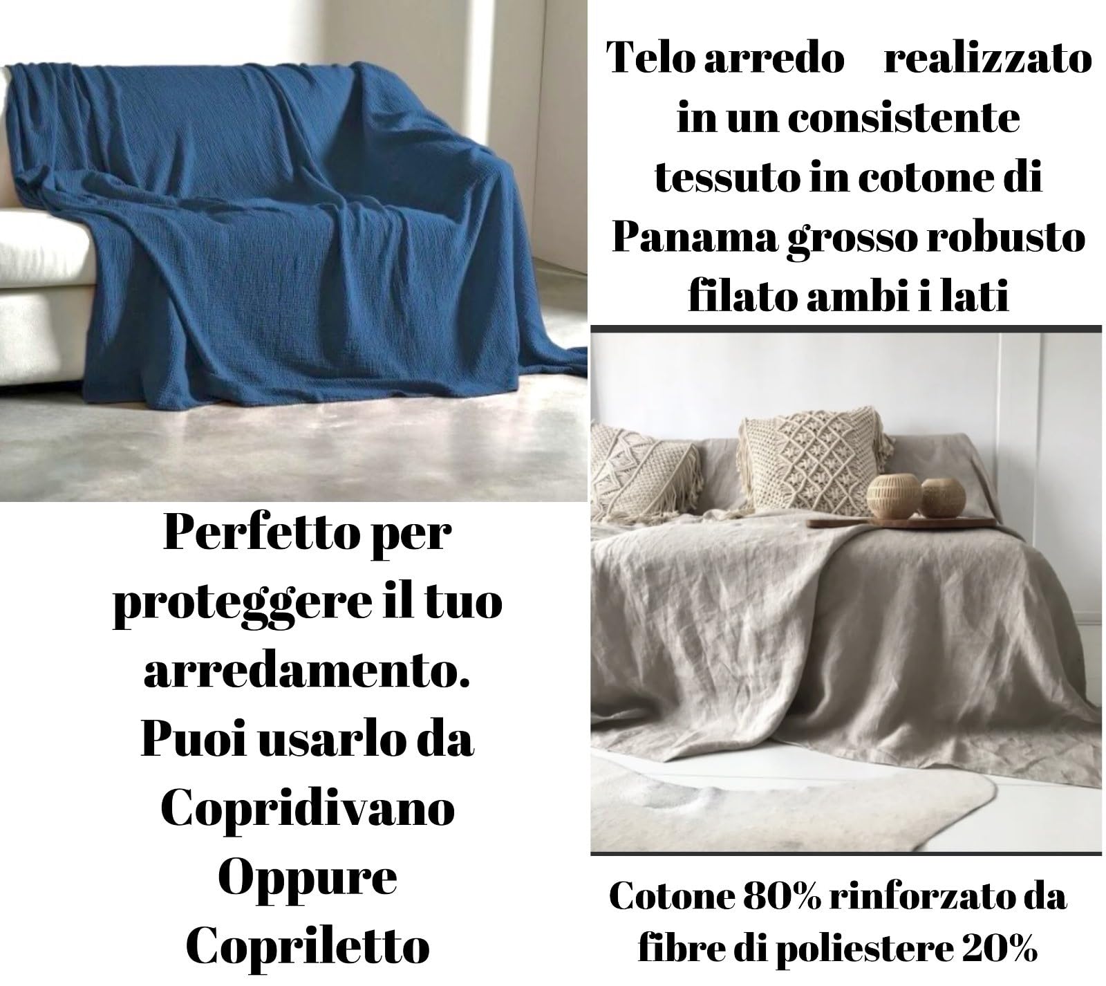 L'Emporio Casa Telo Copridivano Copriletto Tela Grossa Robusta Cotone in Panama 160X260-260x280-360x280 Misure Maxi Lenzuolo Copritutto Cotone Granfoulard Made Italy (BLUE, 360X280)