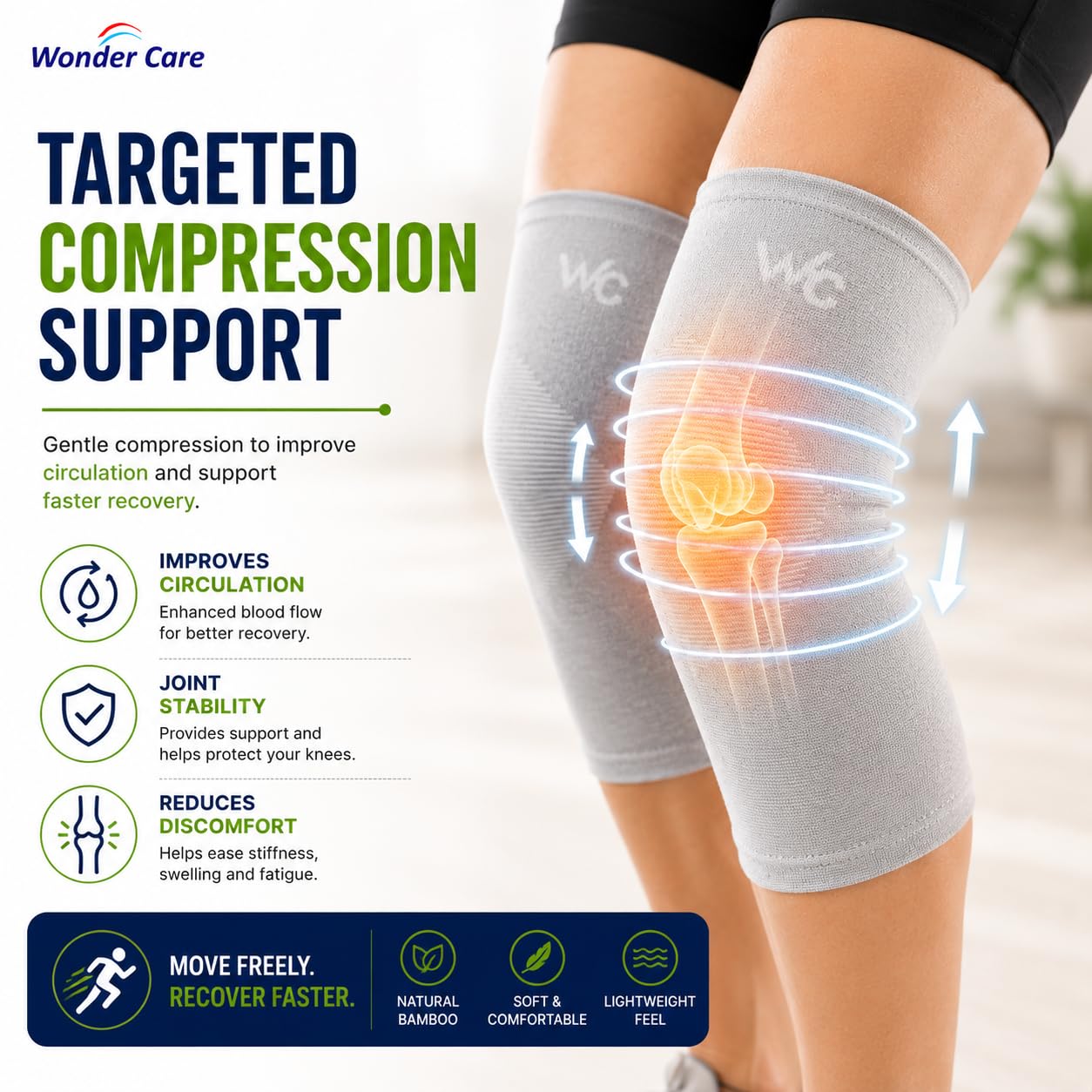 Wonder Care Genouillère en bambou - Genouillère pour homme et femme - Genouillère pour arthrose, ménisque et sport - Bandage de compression avec stabilisation - Genouillère pour fitness (5XL)