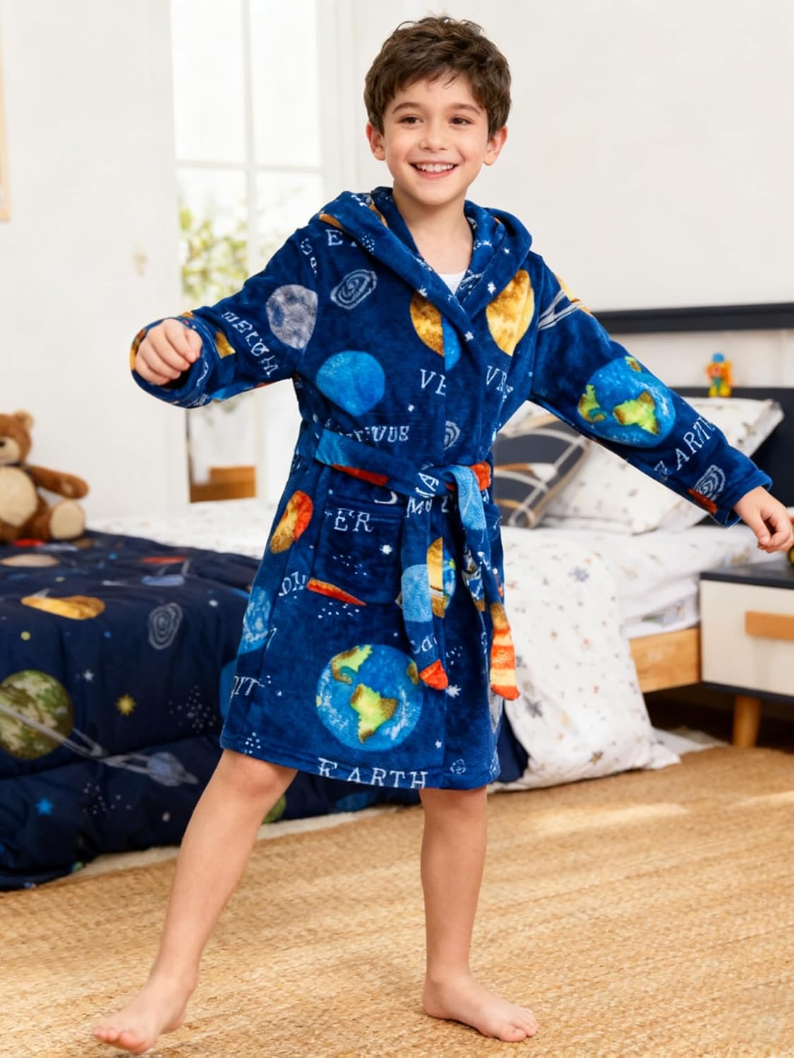 Boys Girls Robe Fleece Soft Hooded Kids Bathrobes Toddler Cute Plush Robes for Kids, 4-12 Years - Image 3
