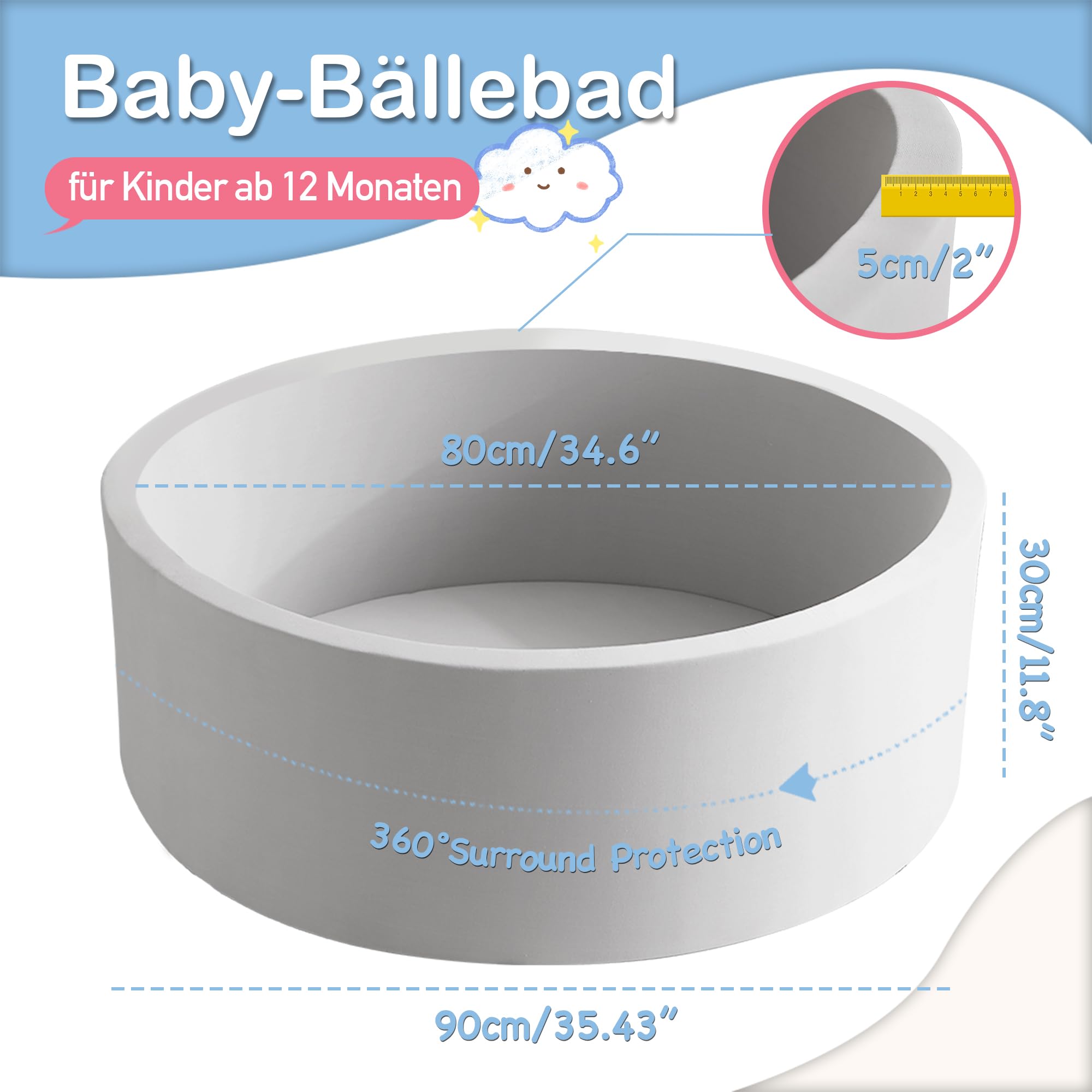 Bällebad für Baby ab 1 Jahr ohne Bälle, 90x30 cm Bällepool Ballgruben Spielzeug für Kleinkinder, Grau