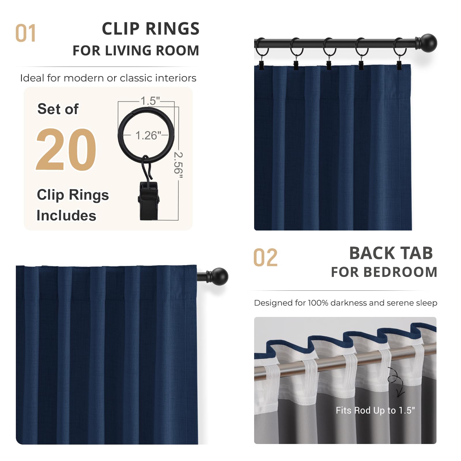 DEFYNEE 100% Blackout Curtains for Bedroom 2 Panel Set, Thermal Insulated Faux Linen Curtains with Clip Rings and Rod Pocket - Image 2
