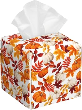 Leather Tissue Box Holder Autumn Pumpkins and Leaves Tissue Box Cover Thanksgiving Square Waterproof Tissue Holder Organizer Modern Napkin Holder for Bedroom Dresser Night Stand Office Desk