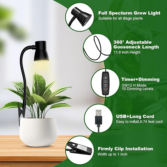 IMVSINCERE Clip On Grow Lights for Indoor Plants Full Spectrum, LED Plant Light with 360° Gooseneck, 3/9/12H Timer, 5 Brightness Levels Dimmable for Succulents, Includes 5V UL Certified Adapter (Black Edition) photo 3