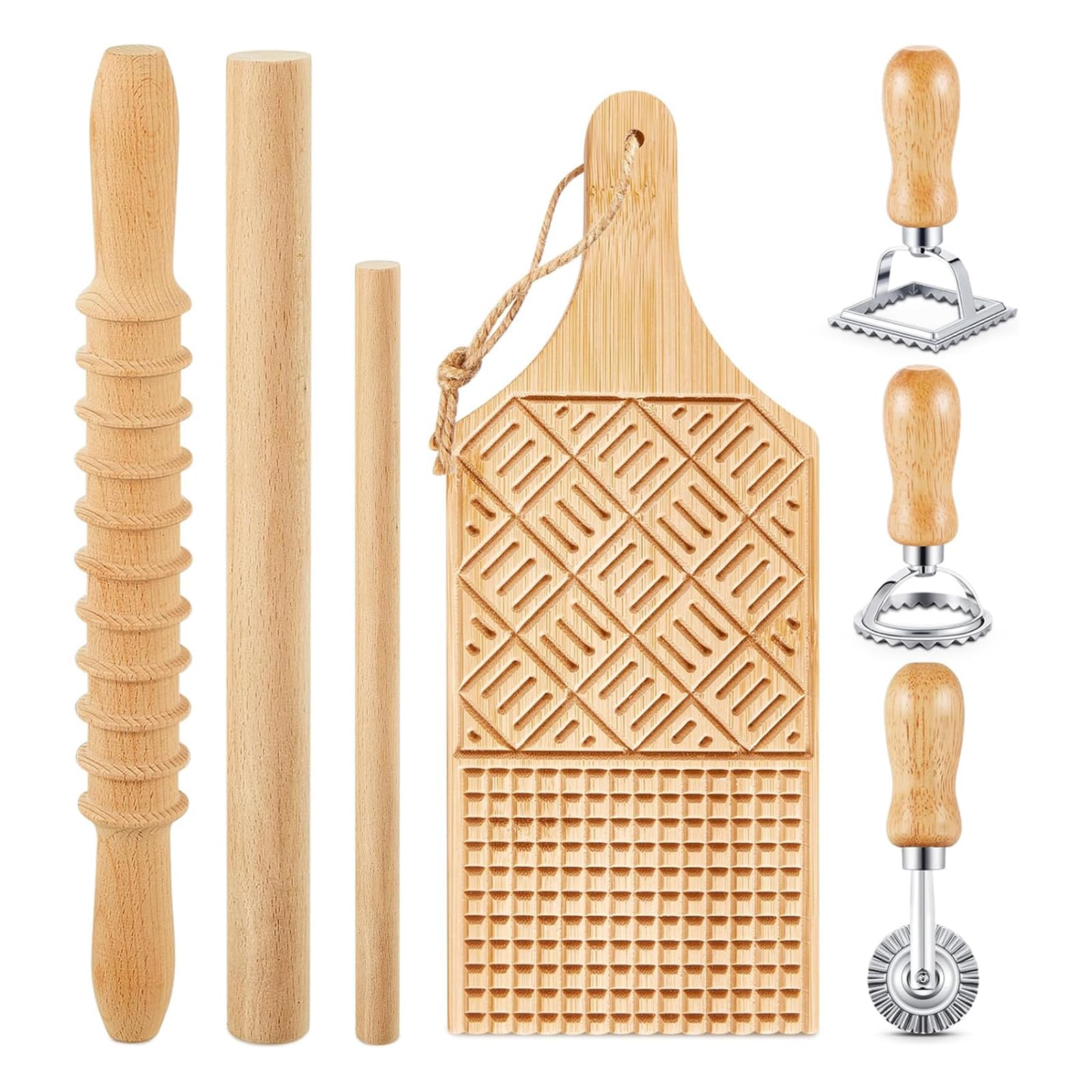 Elnwnnkc Gnocchi Pastas Making Set Includes Wood Board Ravioli Stamp Rolling Pin Gnocchi Board Present for Pastas Lovers Wood