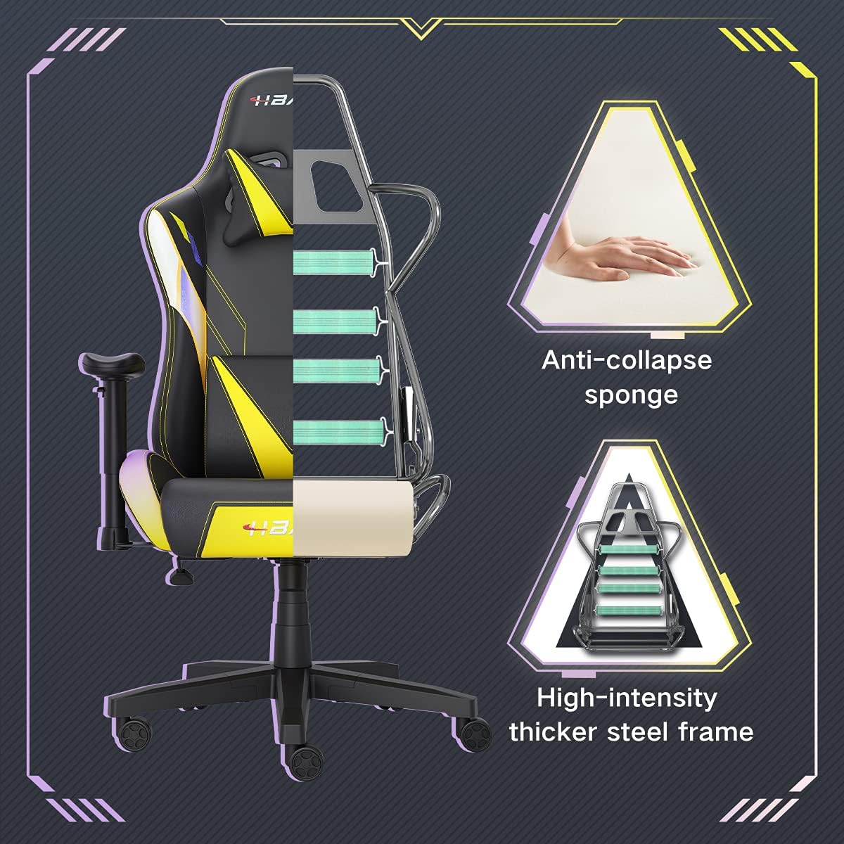 Internal structure of Hbada Gaming Chair showing anti-collapse sponge and steel frame