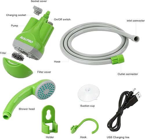 Miniatura 2 de Ducha portátil para acampar, cabeza al aire libre, bomba con batería recargable, línea de carga USB, bombea agua del cubo para senderismo, limpieza