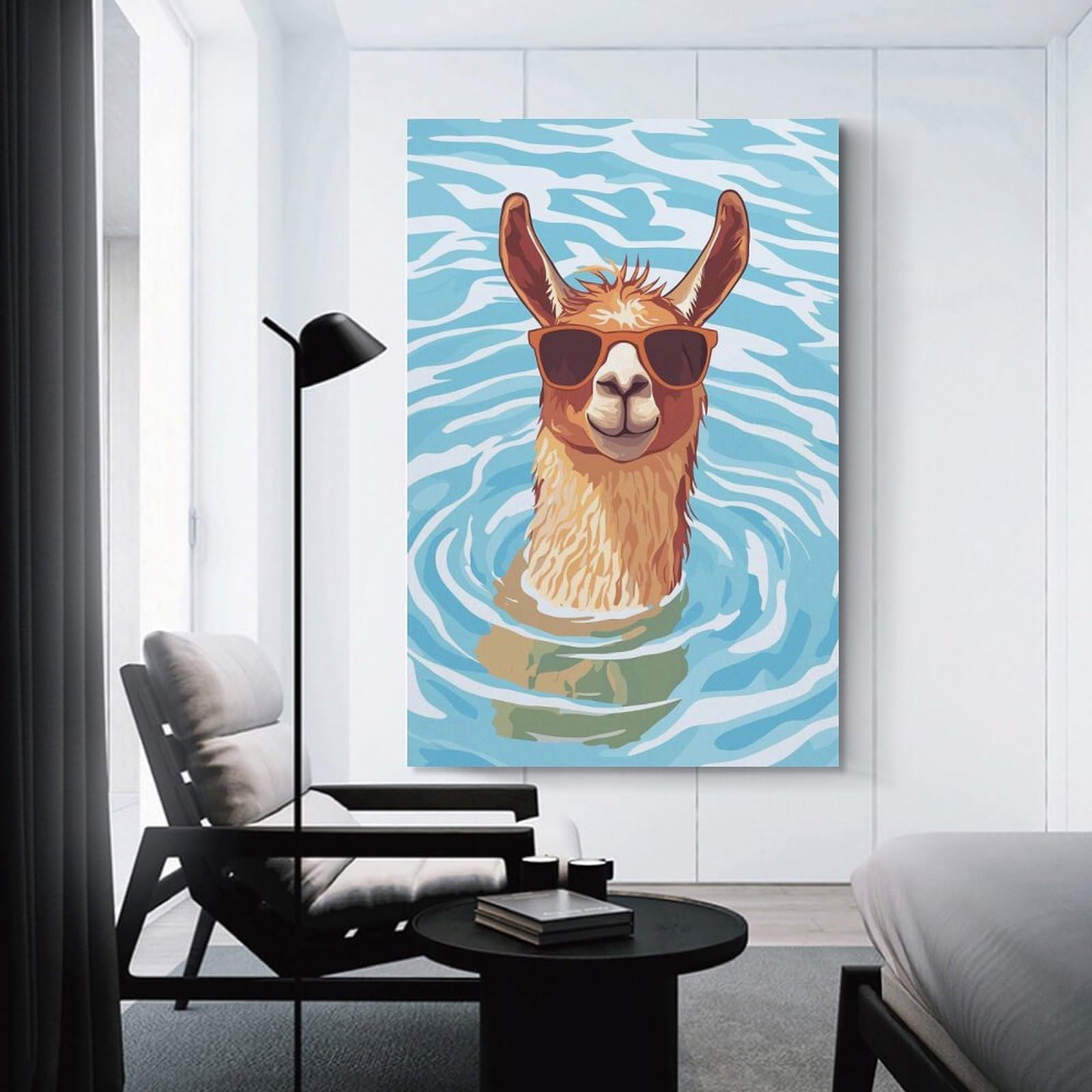 Junmoney Llama in Water with Sunglasses Home Decor Wall Art, 16x24inch(40x60cm), for New Homes, Bedrooms Or Workspaces, Gift Idea for Housewarming And Birthdays
