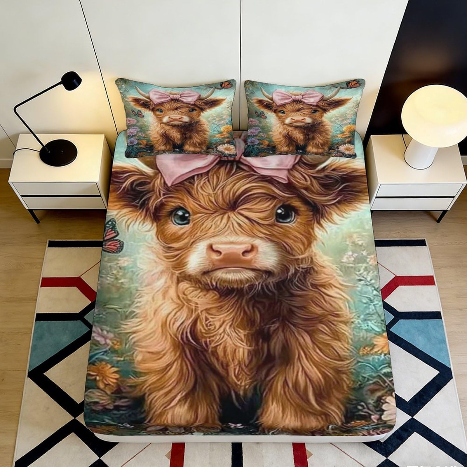 3D Printed Highland Cow Fitted Sheet Microfiber Brown Cute Bow Mattress Cover for Bedroom Dorm Easy Care Decorative 90x200x25cm