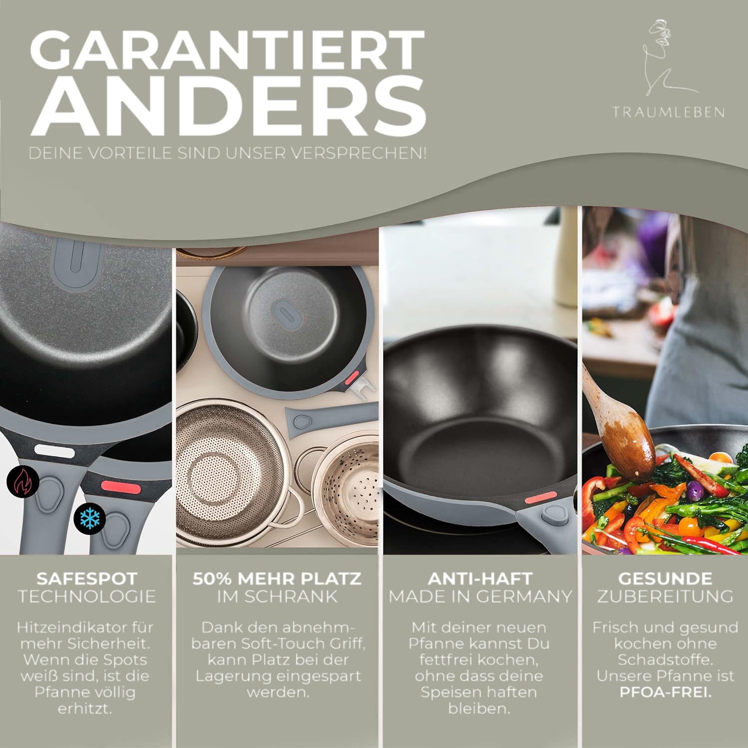 TRAUMLEBEN Wokpfanne 28 cm mit Deckel & abnehmbarem Griff (Grau) | Antihaftbeschichtung, PFOA-frei, für Induktion geeignet, backofenfest, hoher Rand