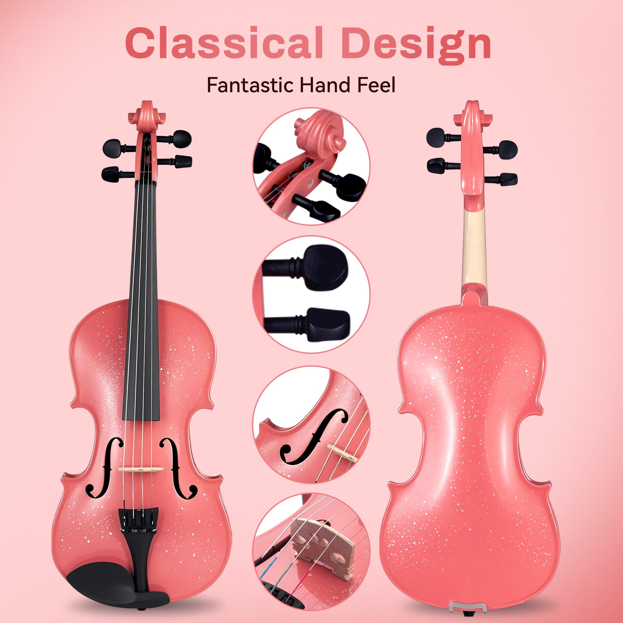 Poseidon Set di violino rosa 1/2, violino per bambini, violino per ragazze con top in abete massello di alta qualità con custodia rigida, archetti extra, corde extra, spalliera, colofonia, accordatore