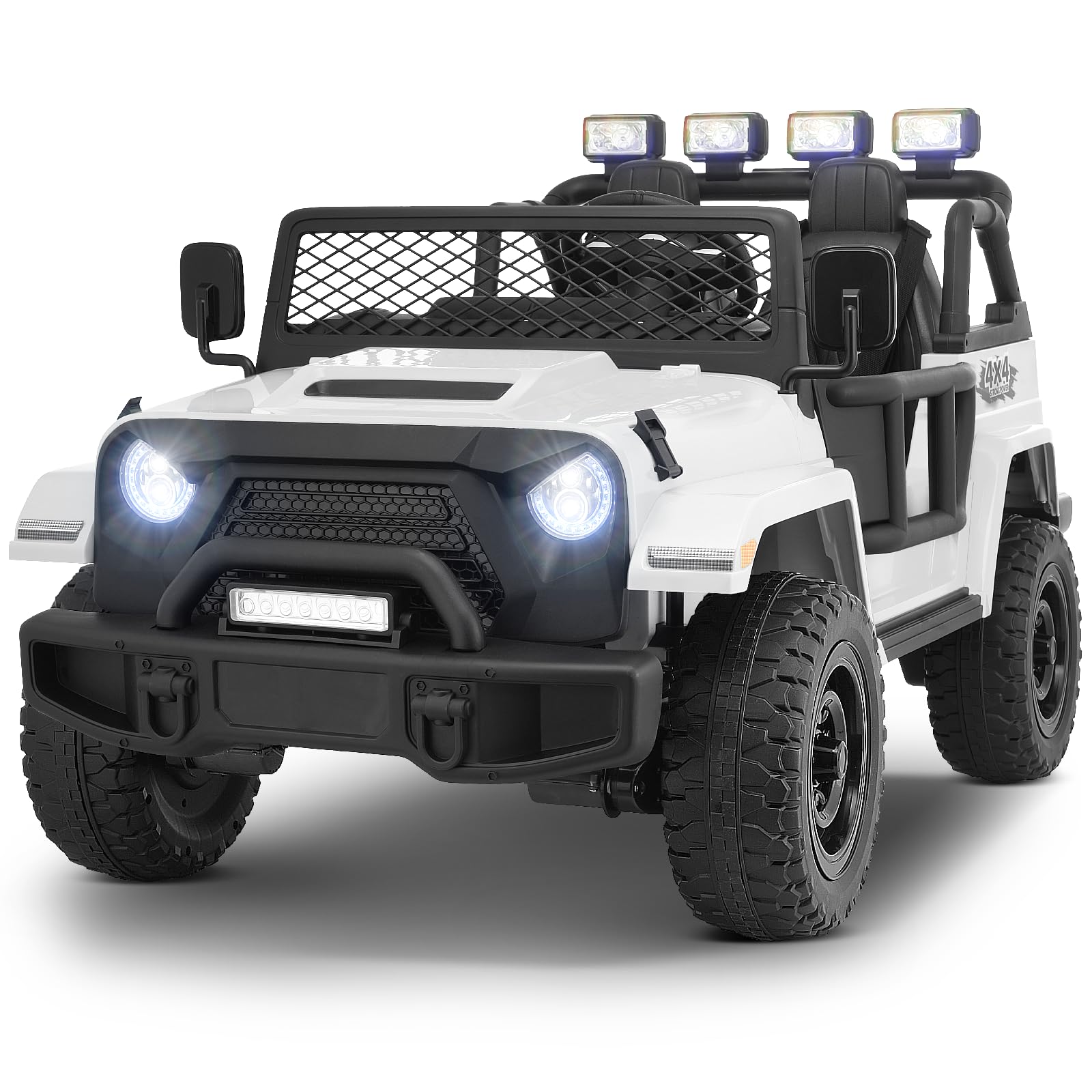 Joywhale 2 Seater 4WD Kids Ride on Truck Car, 10AH Big Battery Powered Motorized Toy Car, 12V Electric Truck for Big Kids w/Remote, 200W Powerful Engine, 3 Speeds, Suspension, Music, LED Lights, White