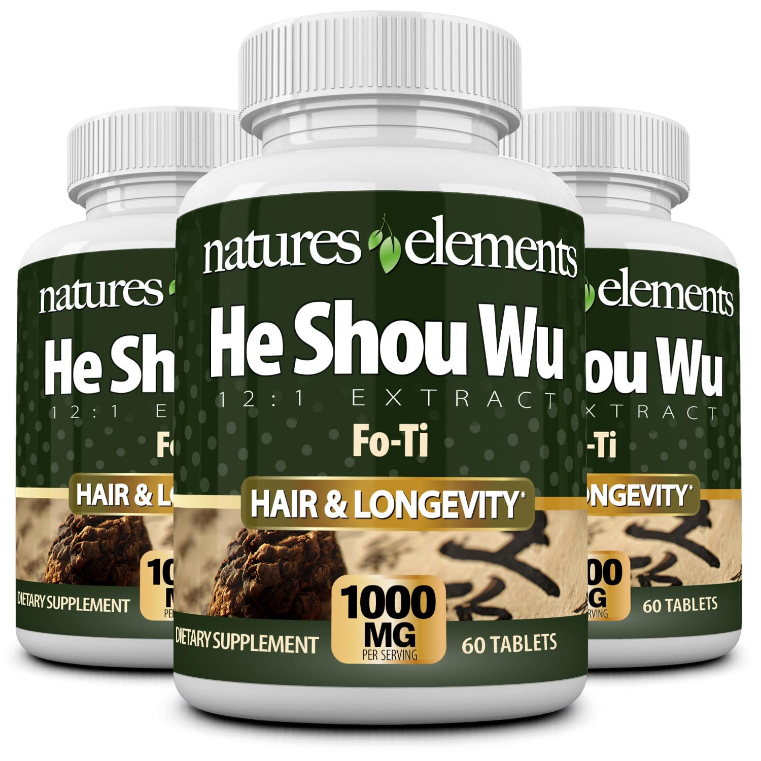 He Shou Wu – 3 Pack – 12:1 High-Potency Prepared Fo-Ti Root Extract – 1000mg per Serving – 180 Tablets – Traditional Chinese Herb for Hair Growth & Gray Hair – Non-GMO, Gluten-Free
