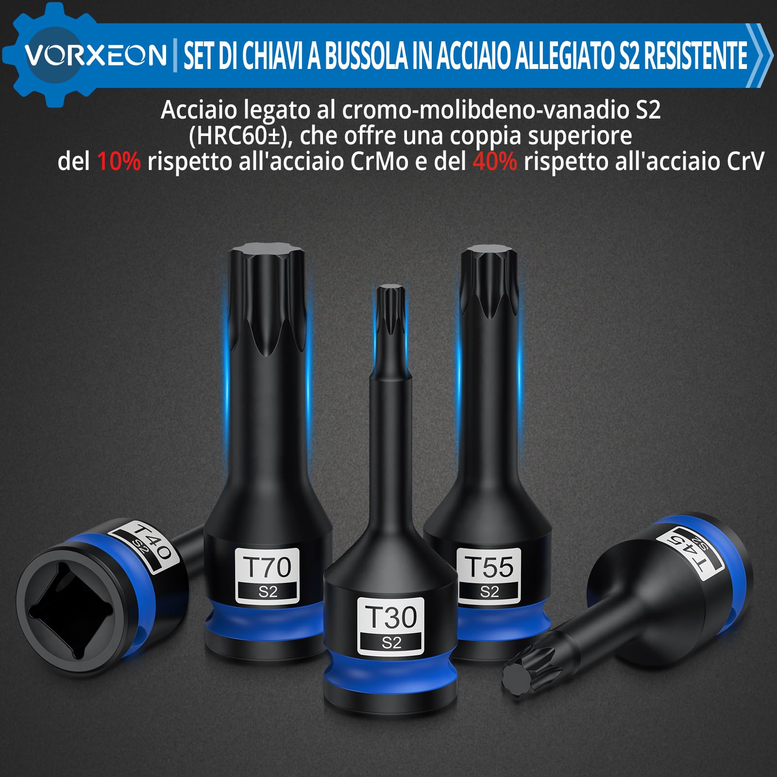 8PCS 1/2" Bussole per Avvitatore a Torx ad Impulsi, Set S2 in Acciaio Legato con Custodia da T30 -T80 Adattatori per Bussole a Torx a Percussione Adatto per Chiavi Pneumatiche, Pneumatico ed Elettrico