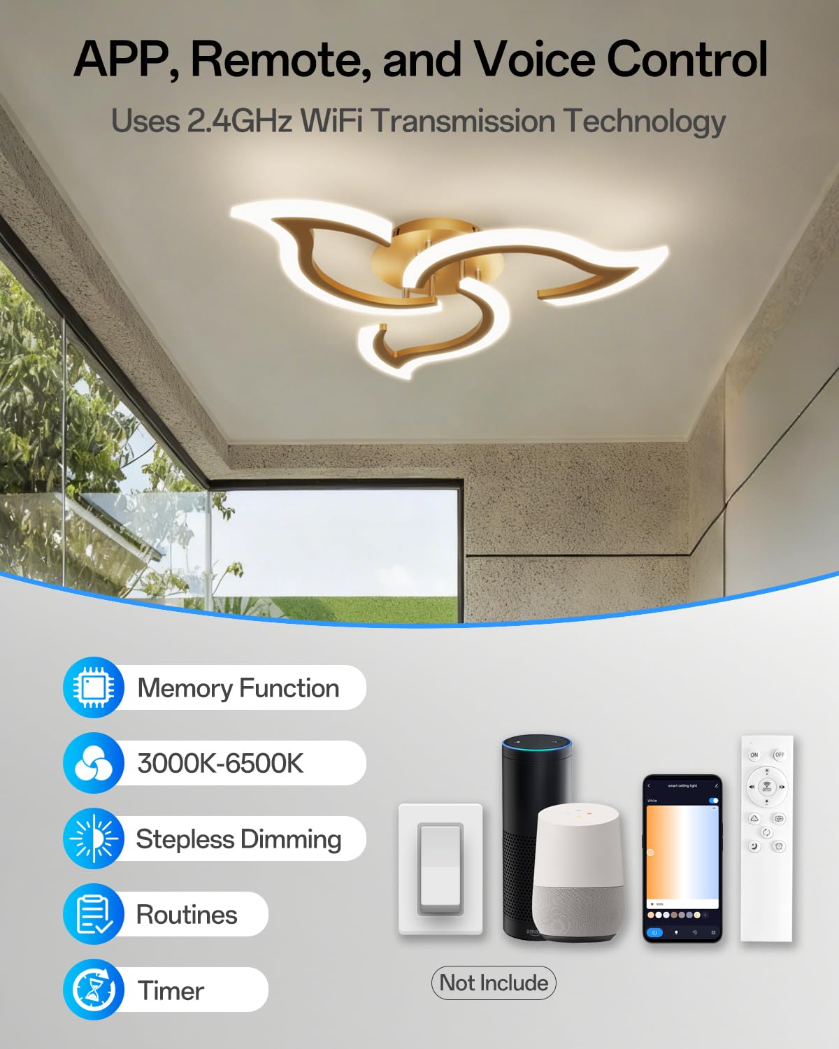 LED Deckenleuchte Smart WLAN, Dimmbare Deckenlampe in Modernem Blumendesign, mit Fernbedienung & App-Steuerung, Kompatibel mit Alexa/Google Home, Gold
