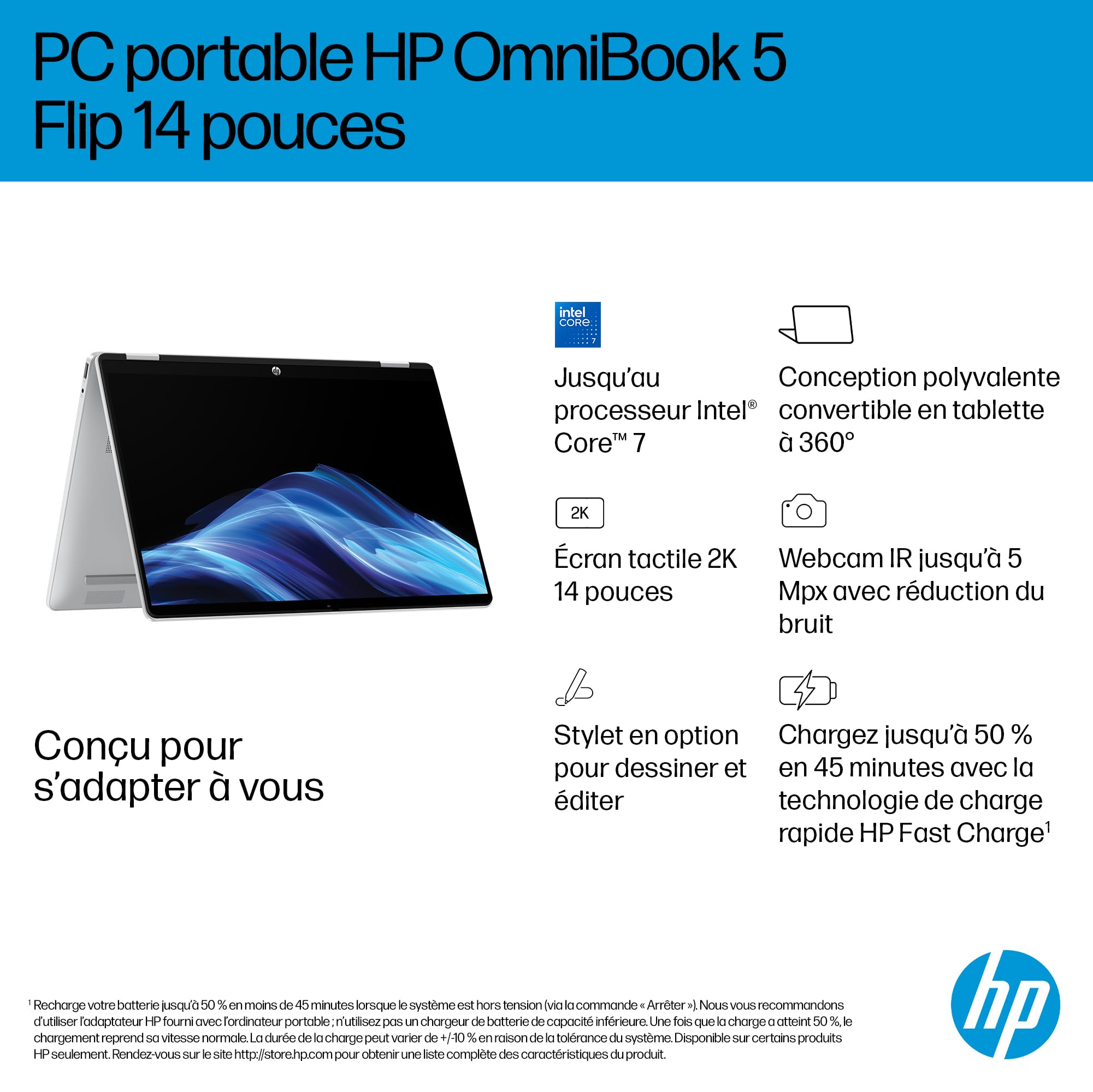 HP Omnibook 5 Flip 14-fp0000sf Ordinateur Portable Convertible 14" WUXGA IPS Tactile, PC Portable (Intel Core i7-1355U, RAM 16 Go, SSD 512 Go, Intel Iris XE, Windows 11), Laptop Argent, AZERTY