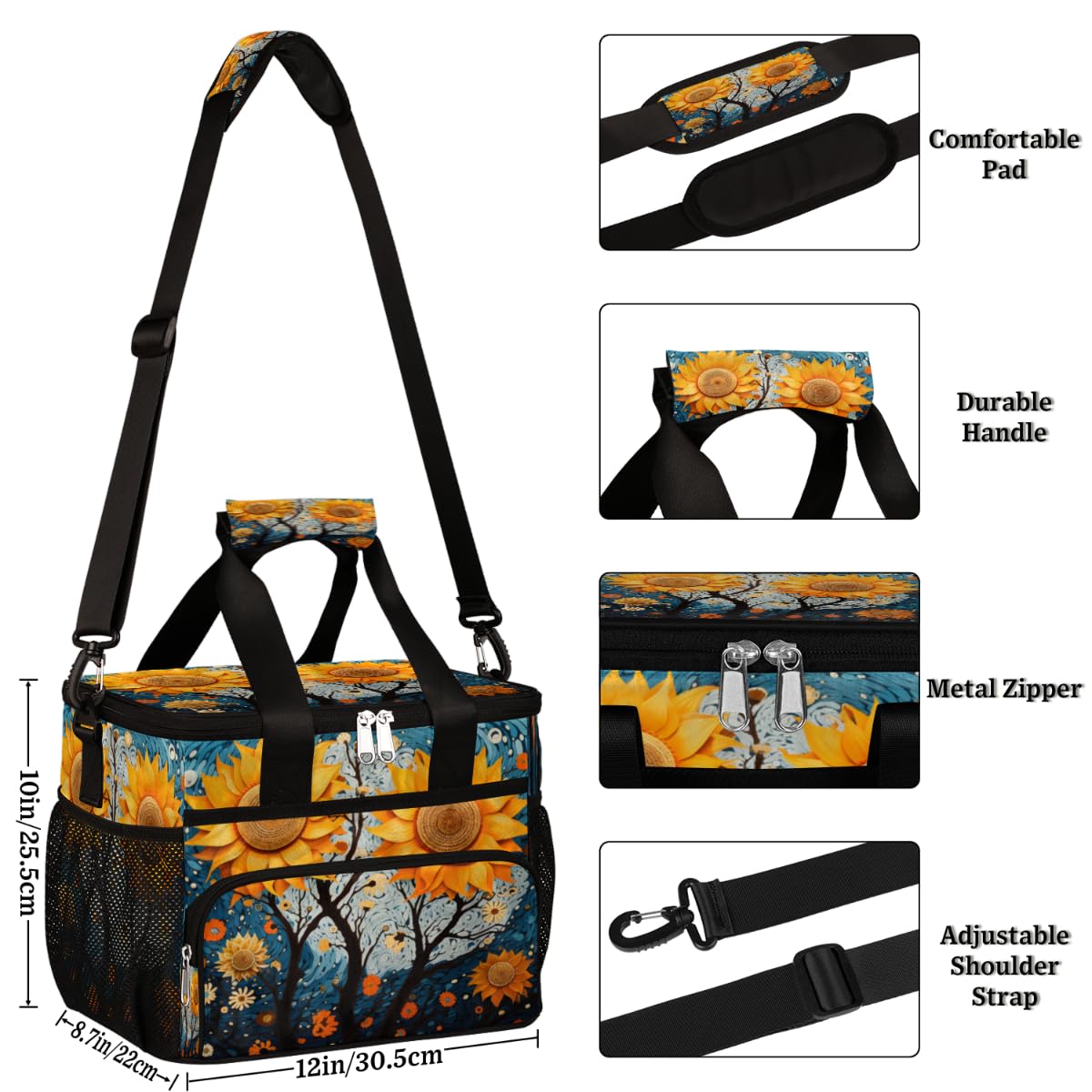 Floral Insulated Picnic Backpack Lunch Box for Women Men Picnic Basket Tote Lunch Bag Picnic Bag Portable Lunch Bags for Picnic, Beach, Work, Trip,Office, Camp Sun Flowers