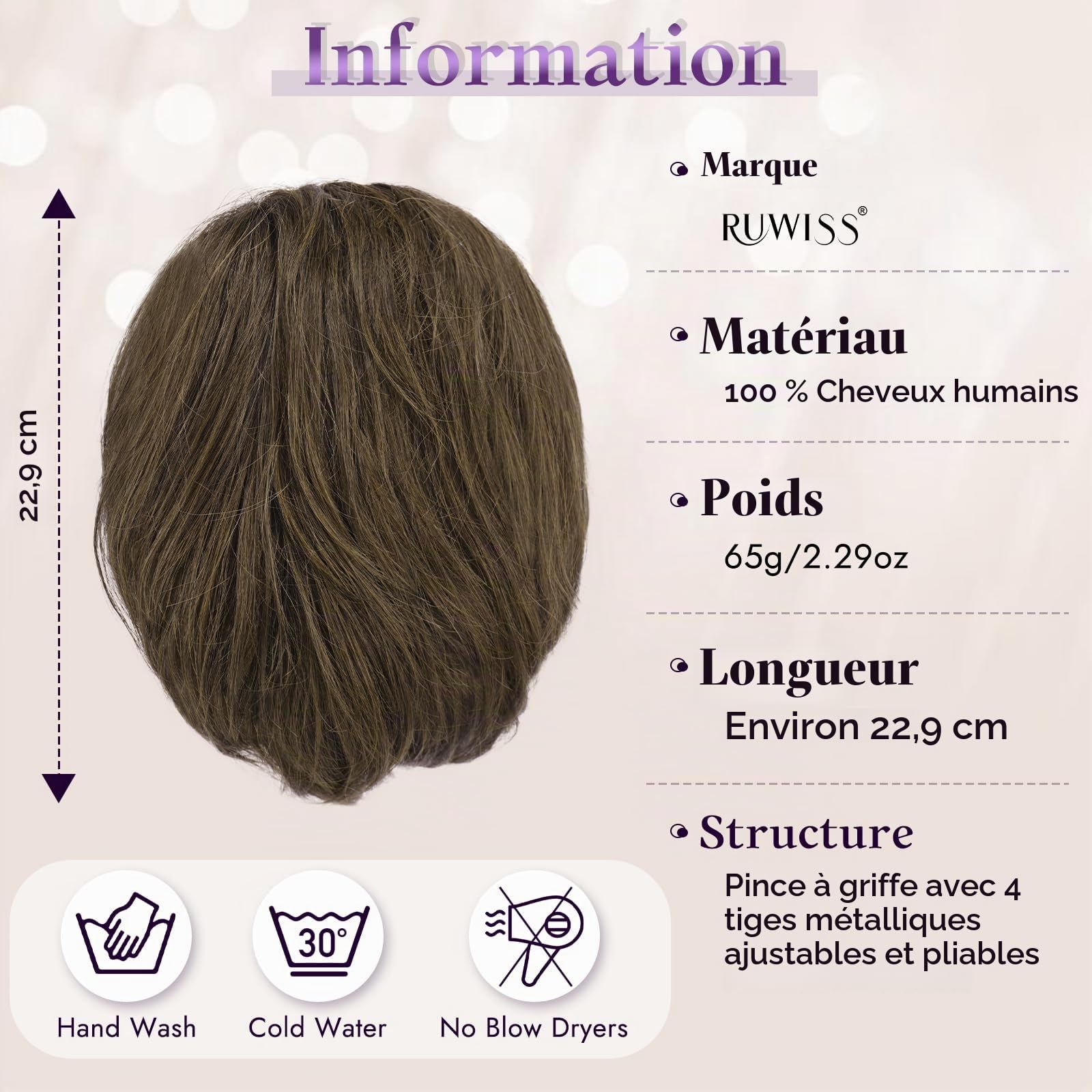 RUWISS Ponytail Cheveux Naturel avec Pince Humains pour Femmes, 22cm Courts Droite Postiche Chignon avec Métaux Malléables Extension Queue de Cheval Cheveux Brun Naturel