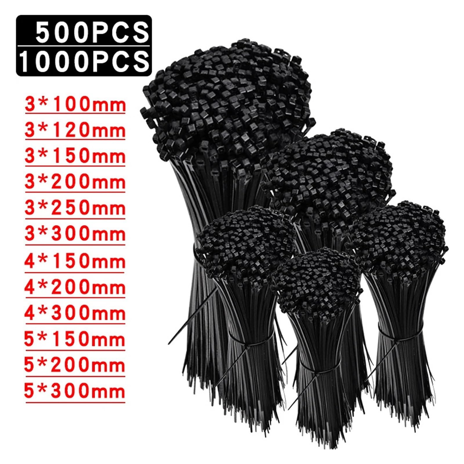Selbstsichernde Kunststoff-Nylon-Kabelbinder, schwarz, 500 Stück, Befestigungskabelbinder für Drahtmanagement, 2,7 x 300 mm, langlebig, stark und flexibel
