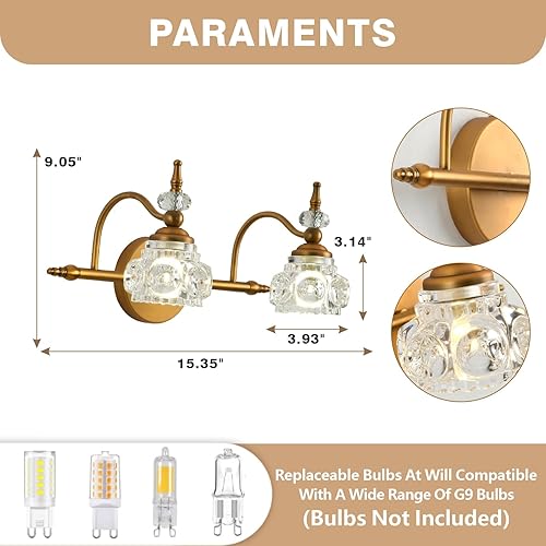 Miniatura 4 de Gold Bathroom Vanity Light Fixture, 2-Light Vintage Crystal Wall Light, Vintage Gold Wall Light, Exquisite Crystal Glass Iampshade, Vintage Wall