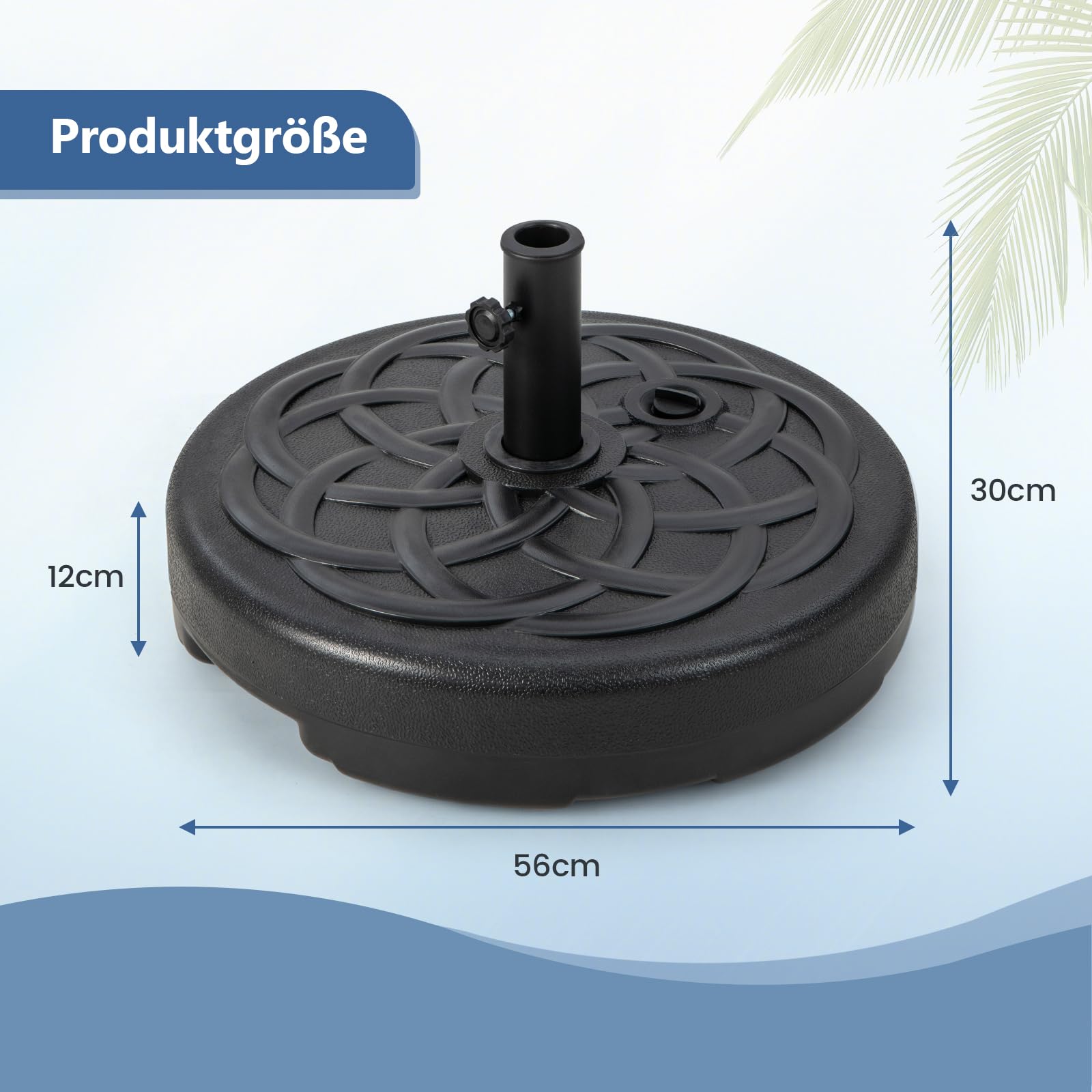 Wytrzymały stojak na parasol na drążki 38 mm/48 mm, wypełniany wodą 23 l / 39 kg, piasek, średnica 56 cm, przenośny, z uchwytem, czarny uchwyt na parasol zewnętrzny