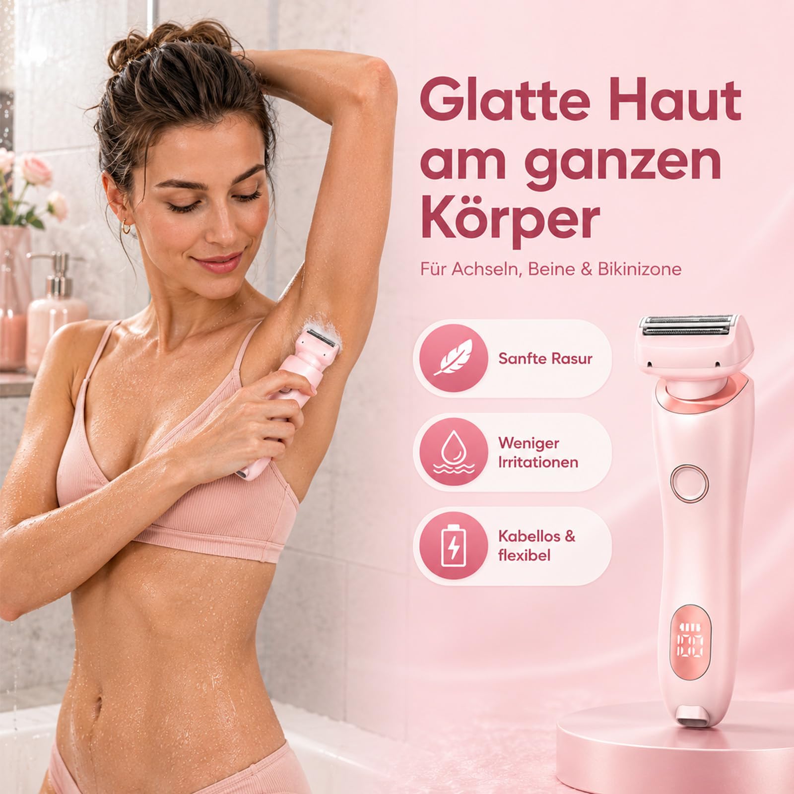 Boulina Rasierer 2.0, Aluvea Smooth Trim, Sanfte Haarentfernung, Ergonomisches Design, Trocken & Nassbetrieb (Rosa)