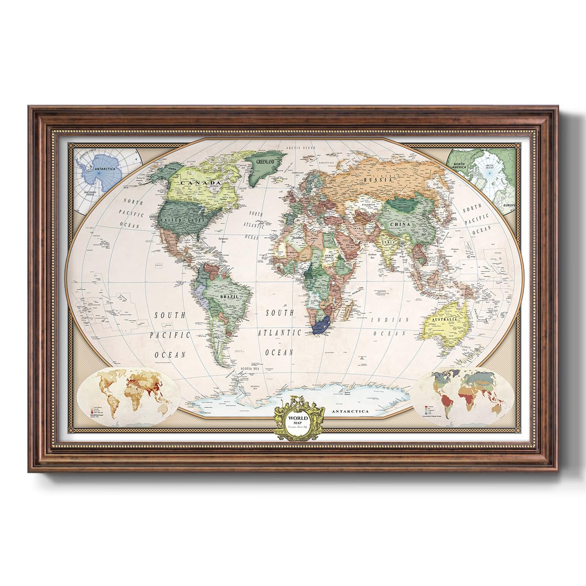 Renditions Gallery Colorful World Map Canvas Wall Art with Caramel Frame Wall Hanging Travel Map with Push Pins for Home, Office, Classroom
