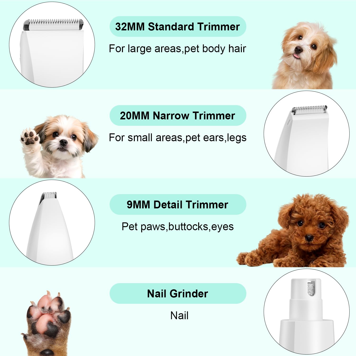 TBTeek Cortapelos para perros con luz LED, kit de aseo inalámbrico 4 en 1, recargable y silencioso, cortaúñas para mascotas, recortador de patas para cuerpo, cara, orejas, uñas