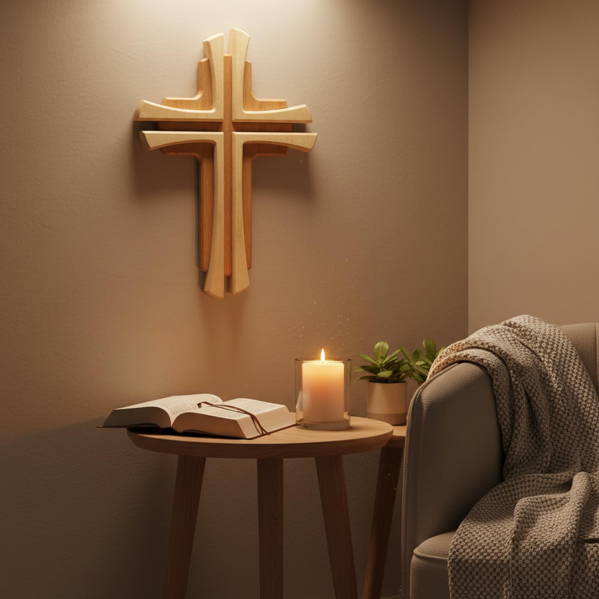 Kaltner Präsente Wandkreuz aus echtem Holz Buche & Ahorn 35 cm – Modernes Holzkreuz mit Intarsie – Christliches Kreuz zur Kommunion, Taufe, Firmung & Weihnachten – Religiöse Wanddeko Geschenkidee