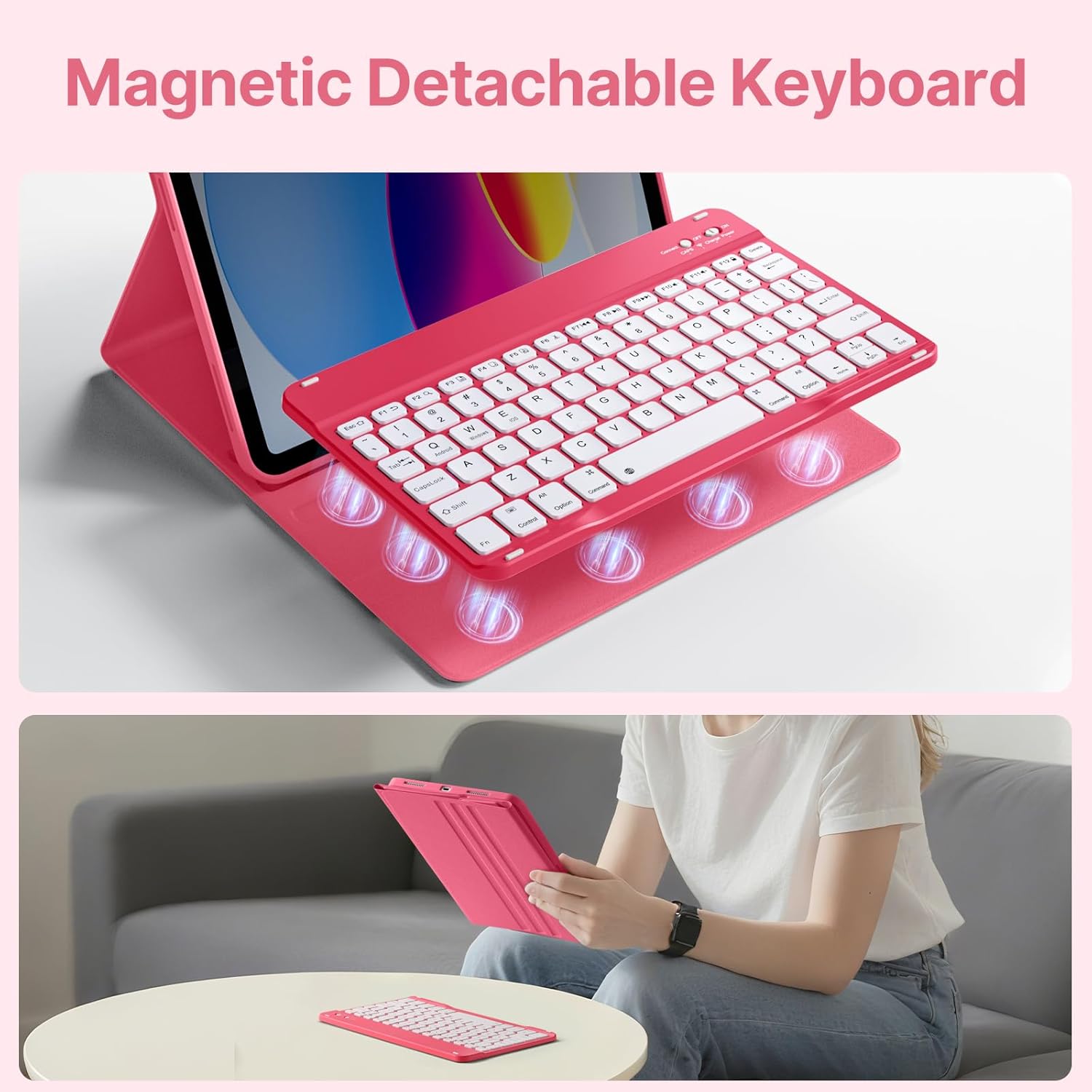 Wenlaty for iPad (A16) 11th/10th Generation Case with Keyboard - Detachable Wireless, Thin & Light Folio Keyboard Cover with Pencil Holder, for iPad 11-inch 11th 2025/10.9-inch 10th 2022, Pink