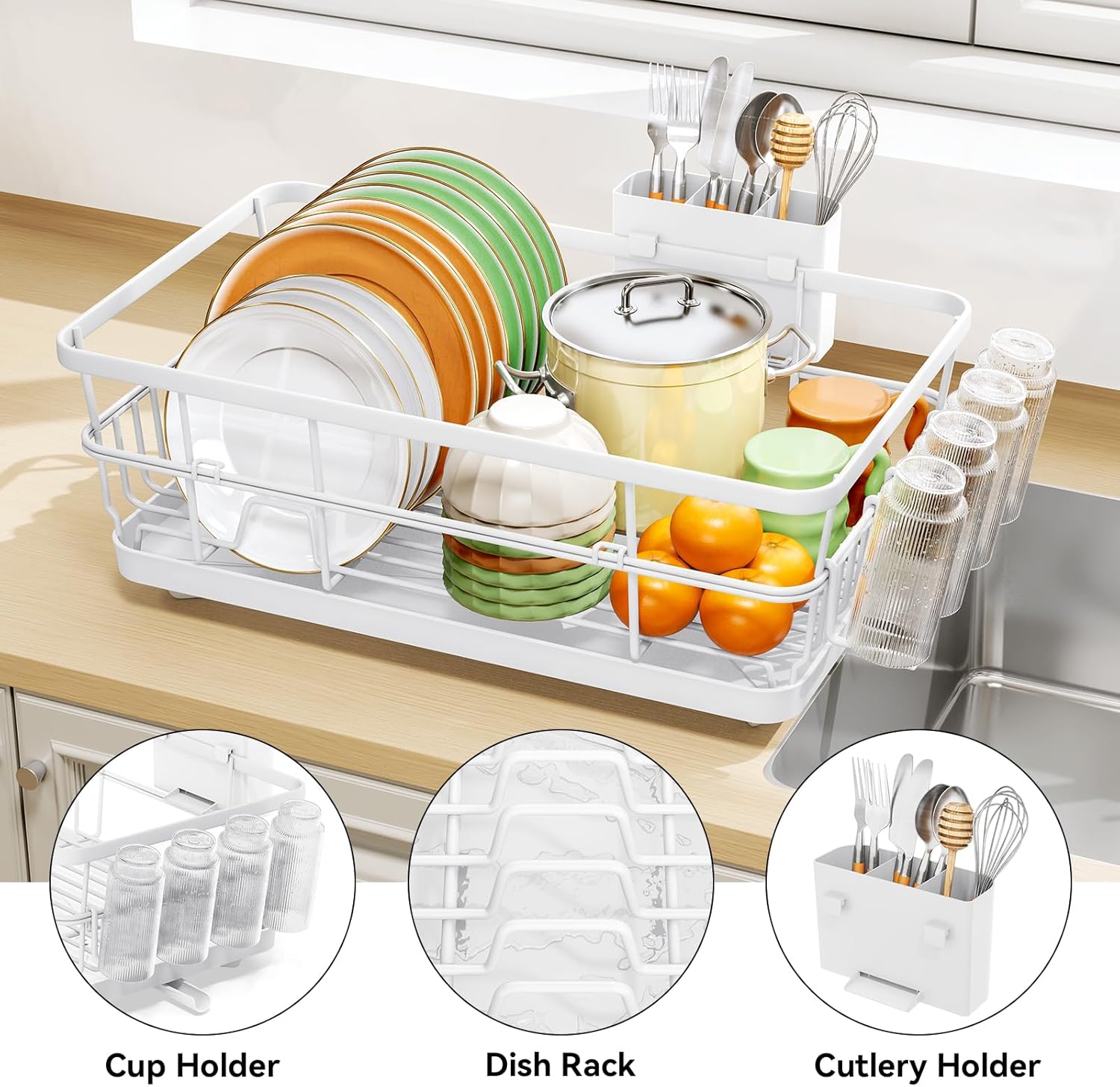 TOOLF Dish Drying Rack, Dish Racks for Kitchen Counter, Stainless Steel Sink Organization and Storage Essentials with Cutlery Holder, Dish Drainer, Home and Appartment Decor, 12.4''W x 16.5''L, White