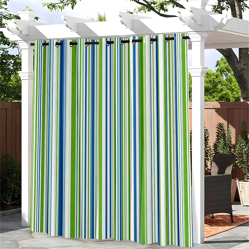 Hiseng Cortina Exterior Impermeable 1 Piezas Rayas Cortinas Opacas con Ojales Protección UV Solar Resistente al Agua Cortinas para Pergolas Terraza Patio Balcón (180x213cm,Verde Azul)