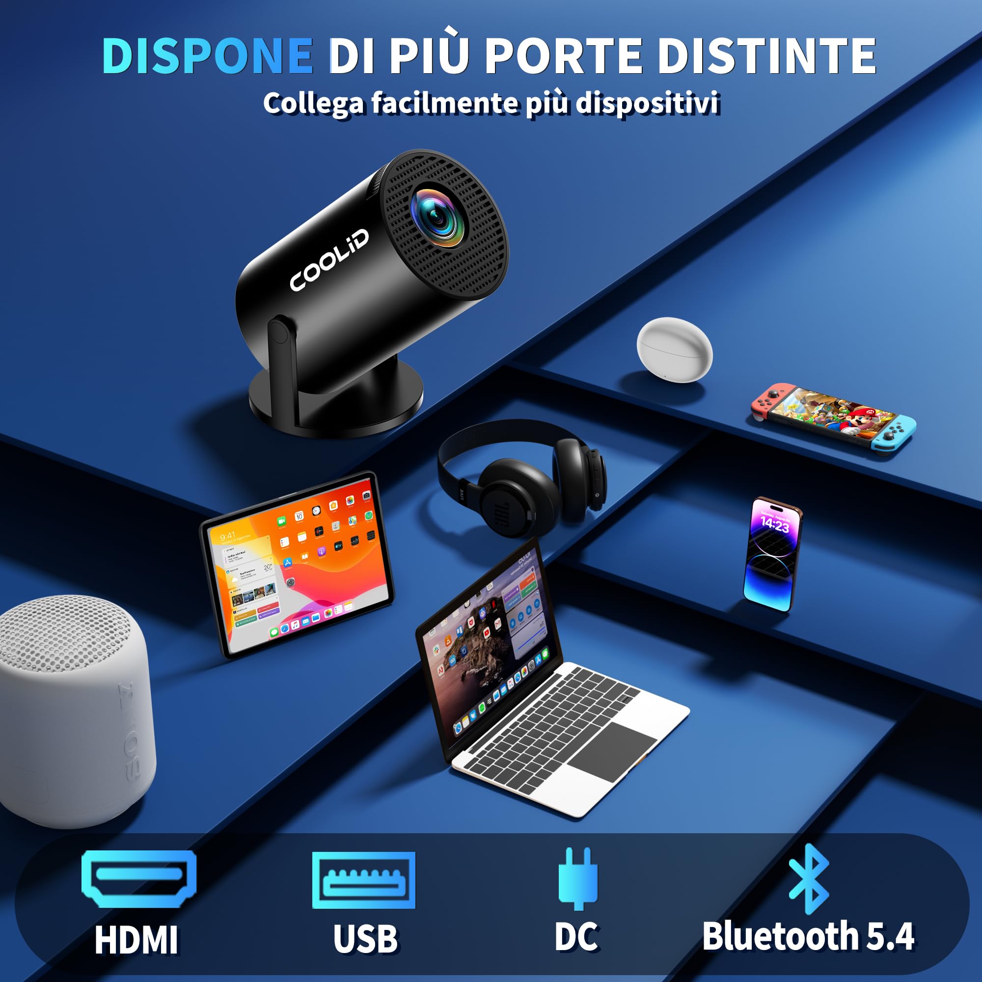 Mini Proiettore [App Integrata & 2026 Upgraded] Proiettore Portatile 4K 1080P con 5G WiFi 6 e BT 5.4 Supporta Rotativo 180° Correzione Trapezoidale Automatica Applicabile TV Stick/USB/HDMI,Nero