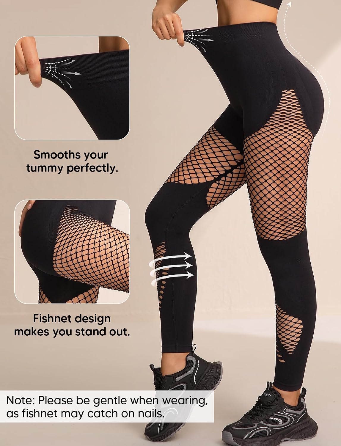 Fishnet Leggings for Women, High Waisted Tummy Control Cutout Legging, Soft Not See-Through Pants for Yoga/Casual