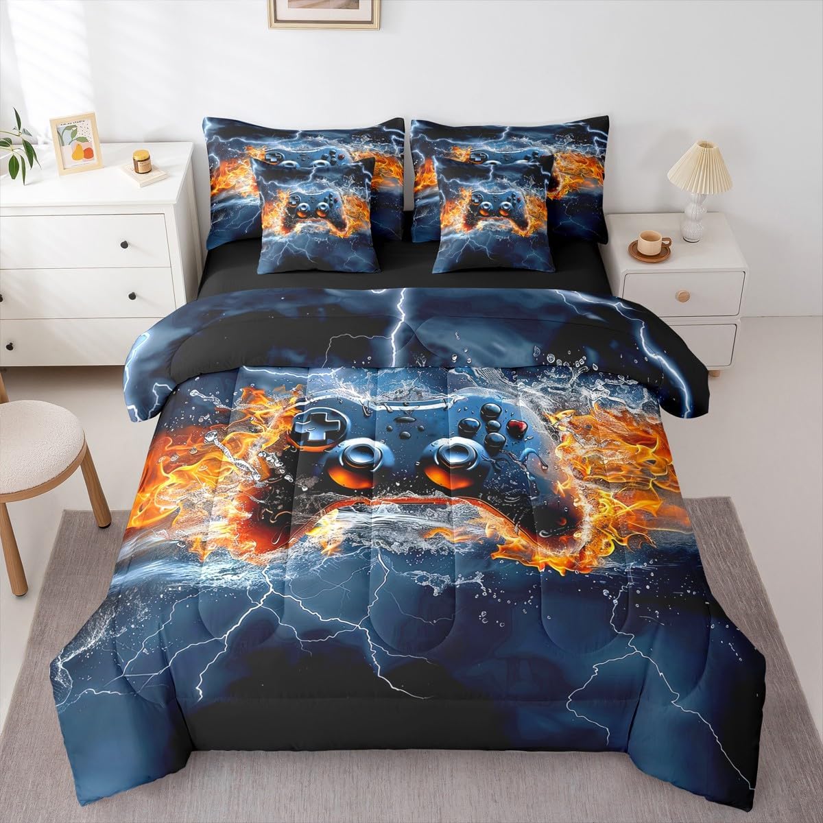 Gaming Bed in a Bag Full 7 Pcs for Boys Teen Video Game Bedding Sets Water and Fire Lightning Comforter Set with Sheets Cool Gamer Room Decor Bed Set for Girls Kids Teen 3D Gamepad Sheet Set