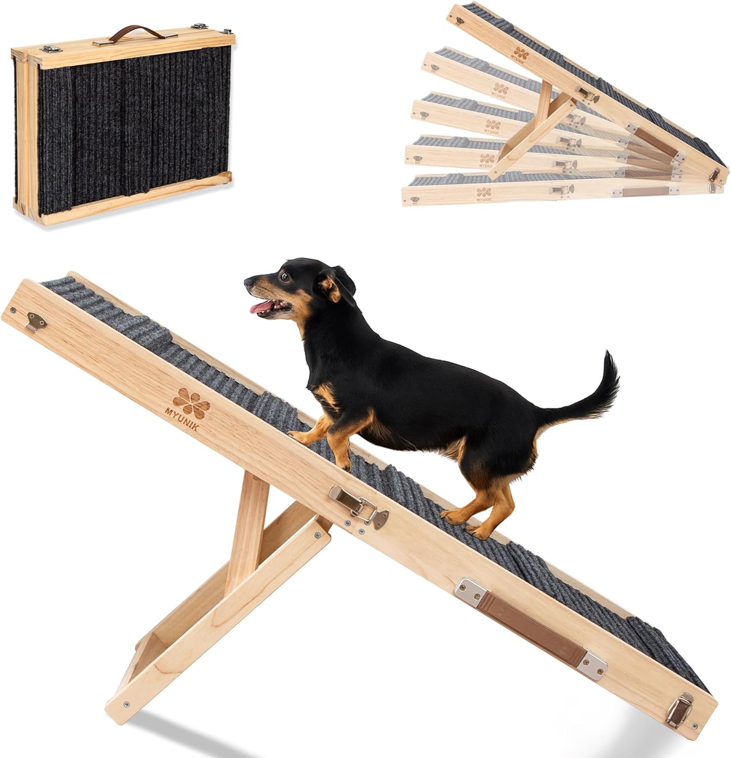 Upgraded 2026 MYUNIK Adjustable Small Dog Ramp 37.8" Foldable Solid Wood Pet Small Ramp with 5 Heights 13.6–21.5", Non-Slip Carpet Handle Ramp for Bed Couch Sofa & Car