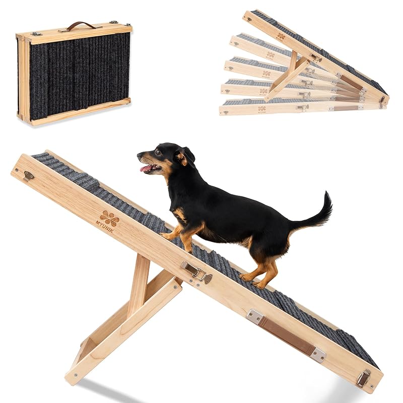 Rampa para cães e gatos ajustável de madeira com carpete antiderrapante MYUNIK, 5 alturas