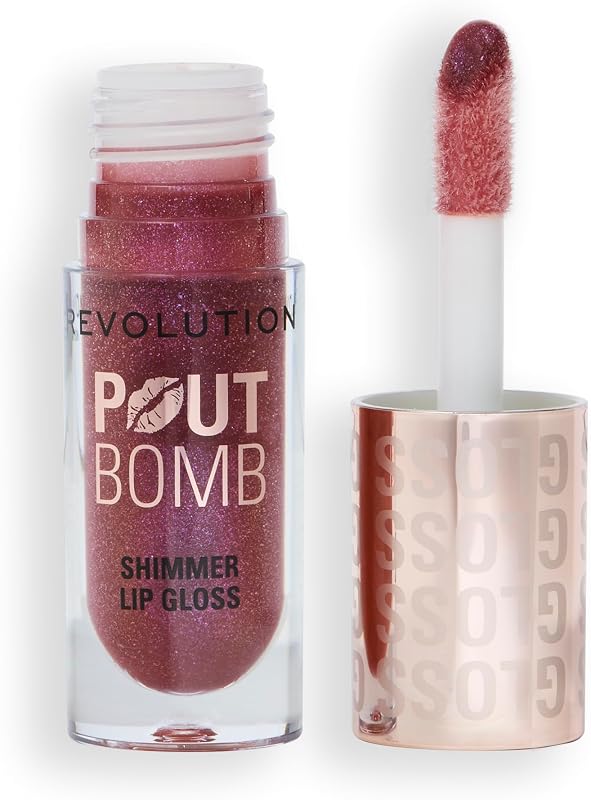 Revolution Pout Bomb Shimmer Lip Gloss, Berry Lustre | Buildable Sheer Color, High-Shine with Hyaluronic Acid & Sweet Vanilla Scent, Vegan & Cruelty-Free, 0.15 oz